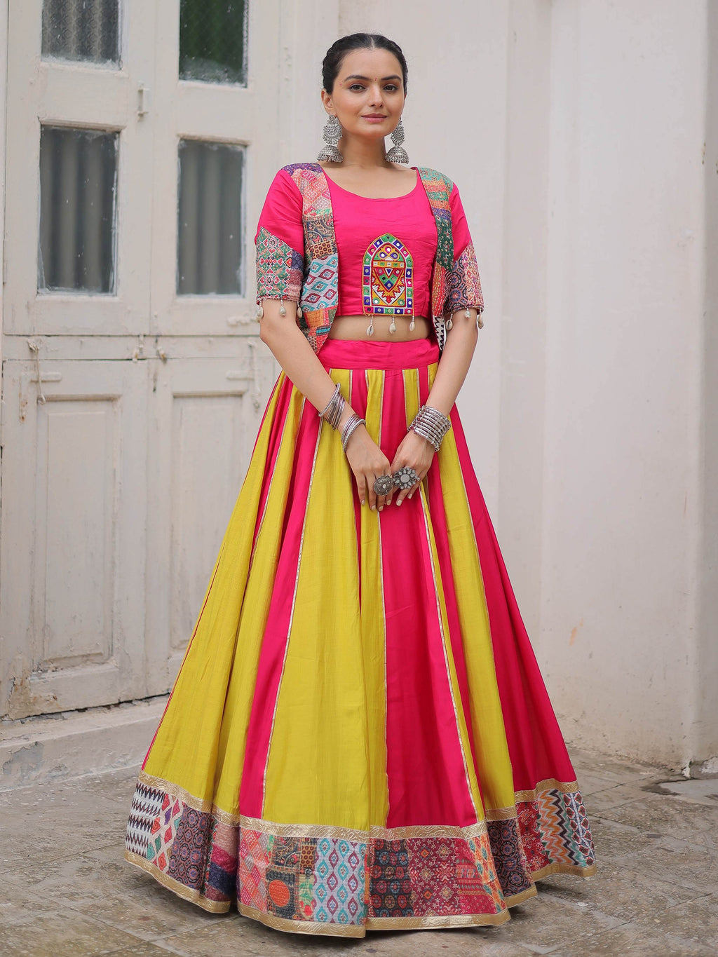 Pink silk printed navratri lehenga choli with gotta lace work and koti blouse