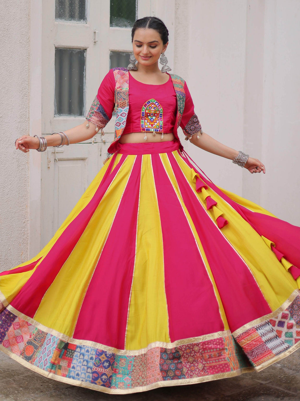 Pink silk printed navratri lehenga choli with gotta lace work and koti blouse