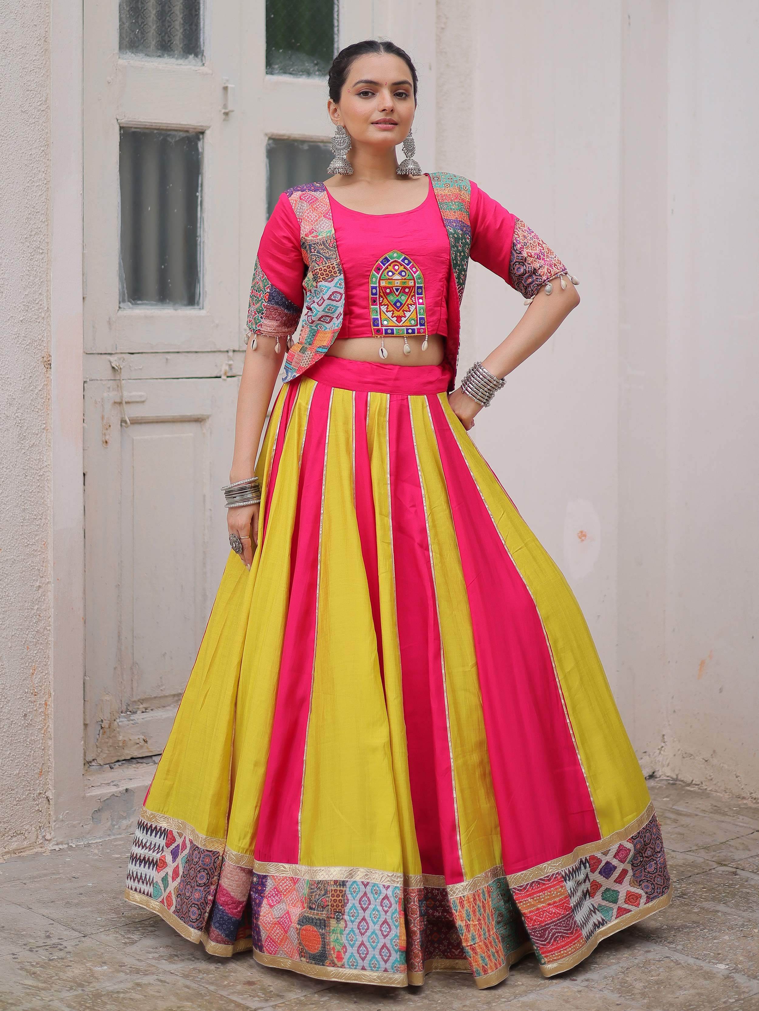 Pink silk printed navratri lehenga choli with gotta lace work and koti blouse