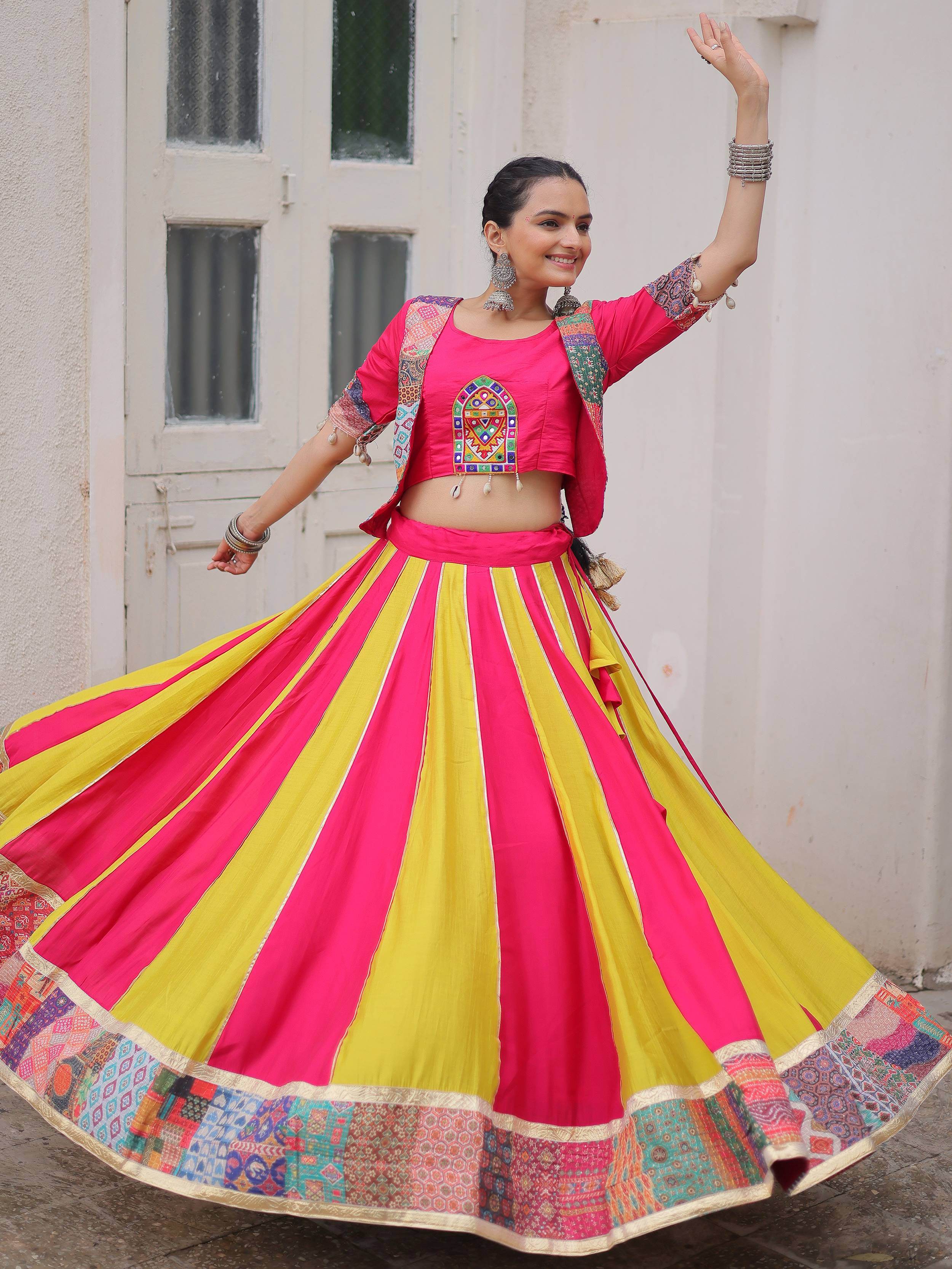 Pink silk printed navratri lehenga choli with gotta lace work and koti blouse