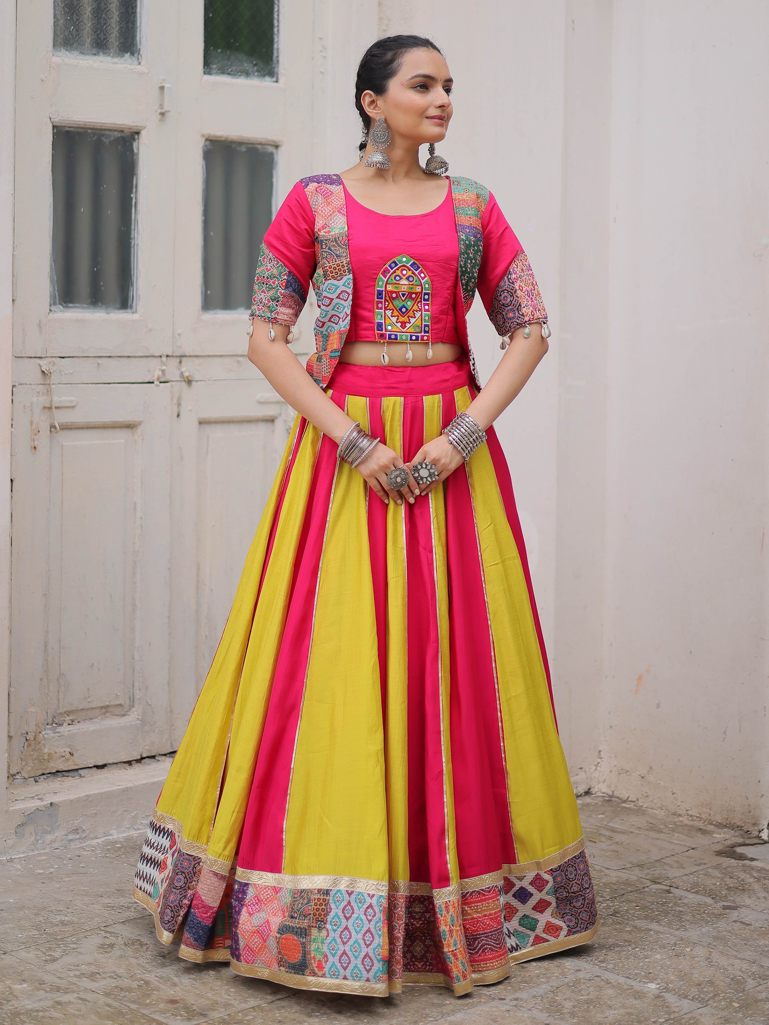 Pink silk printed navratri lehenga choli with gotta lace work and koti blouse