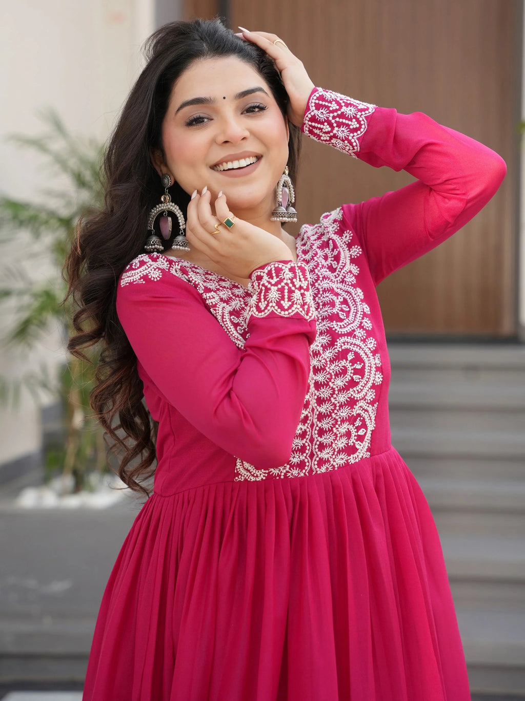 Pink star georgette beads and sequins embroidered work gown