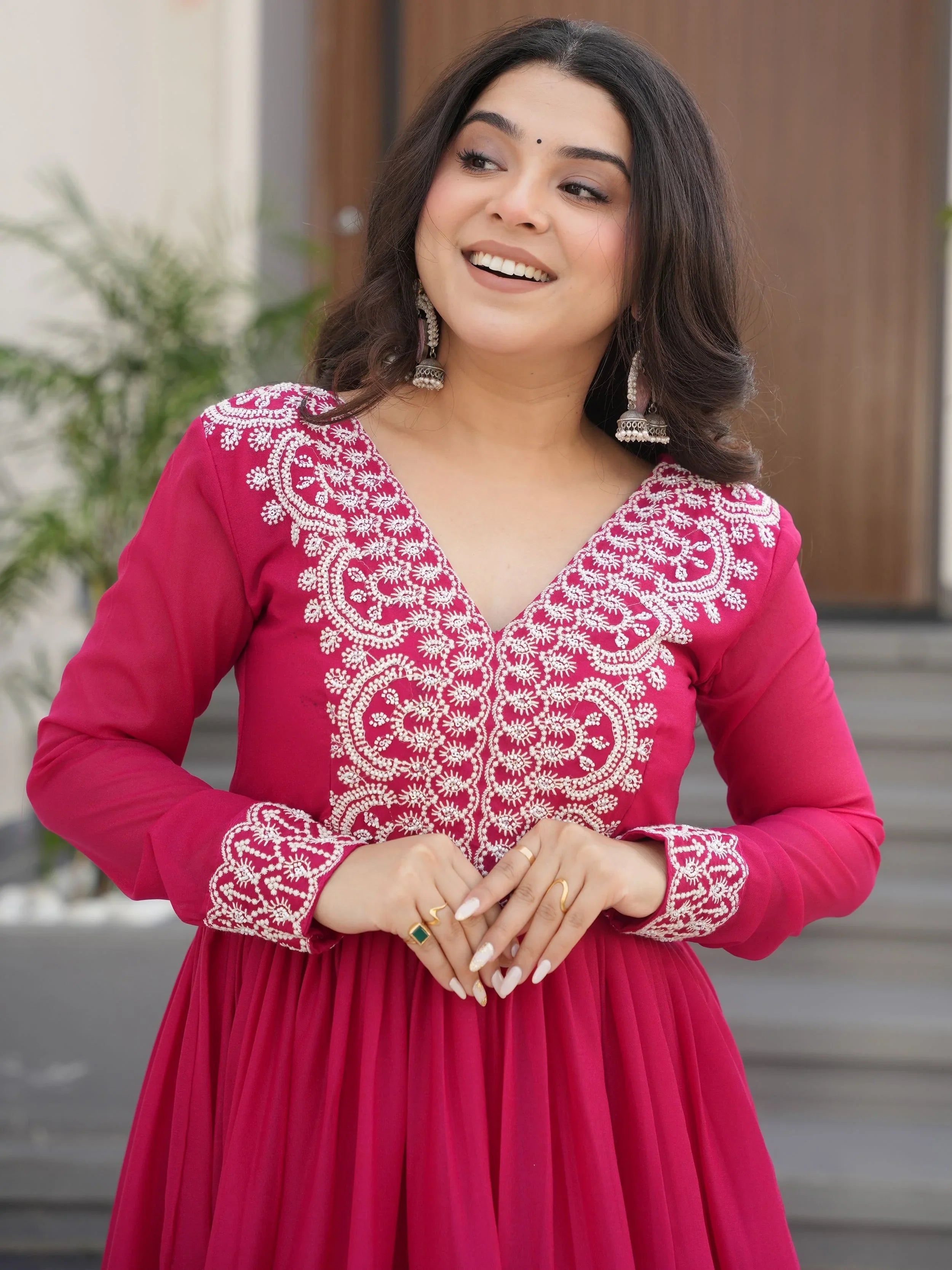Pink star georgette beads and sequins embroidered work gown