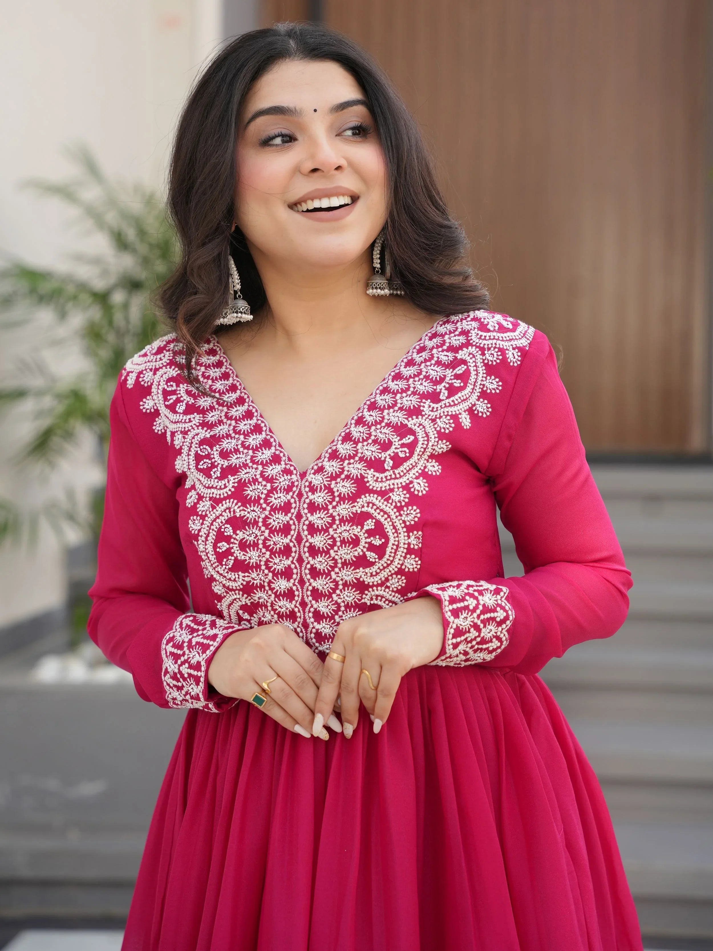 Pink star georgette beads and sequins embroidered work gown