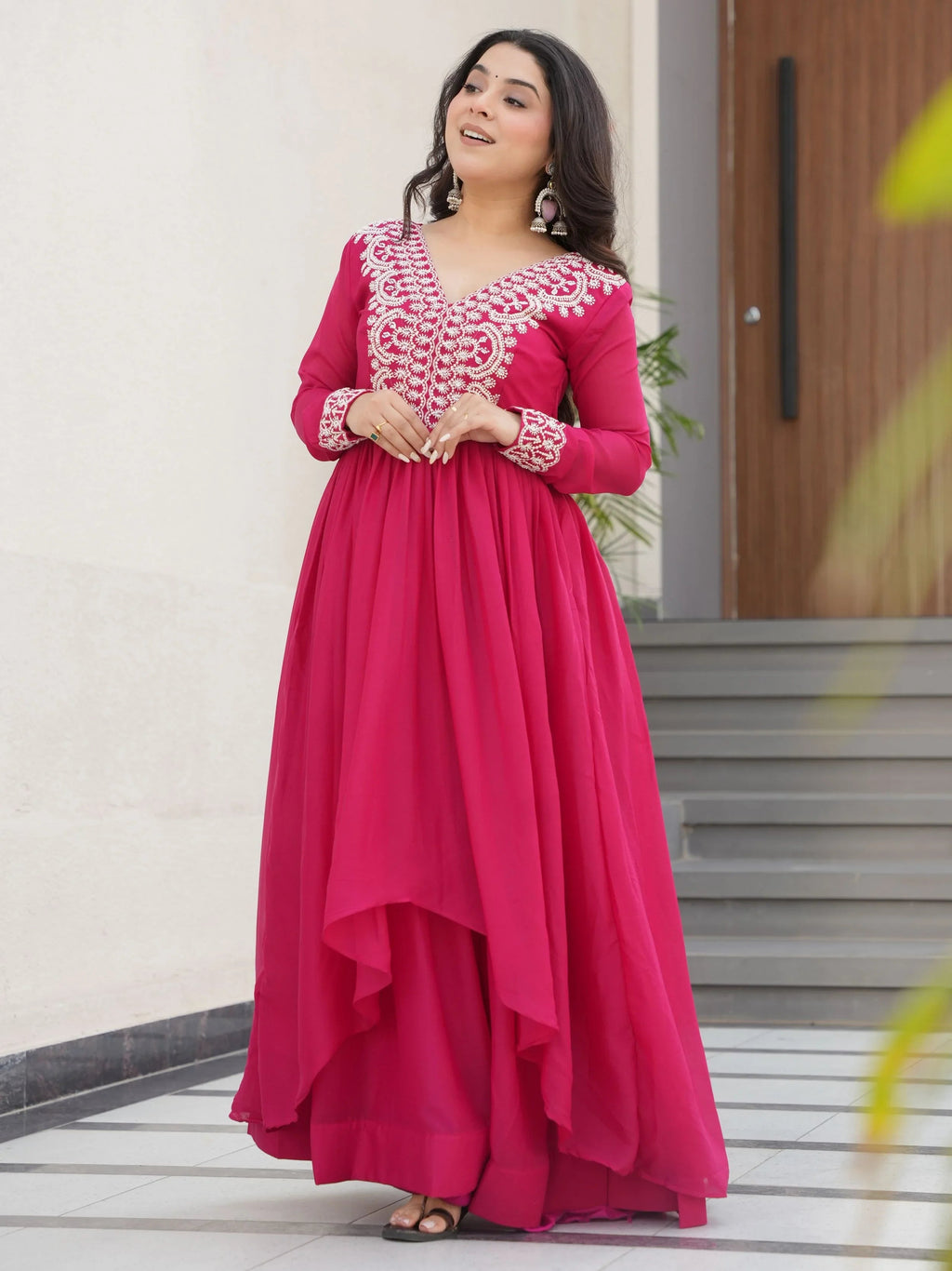 Pink star georgette beads and sequins embroidered work gown