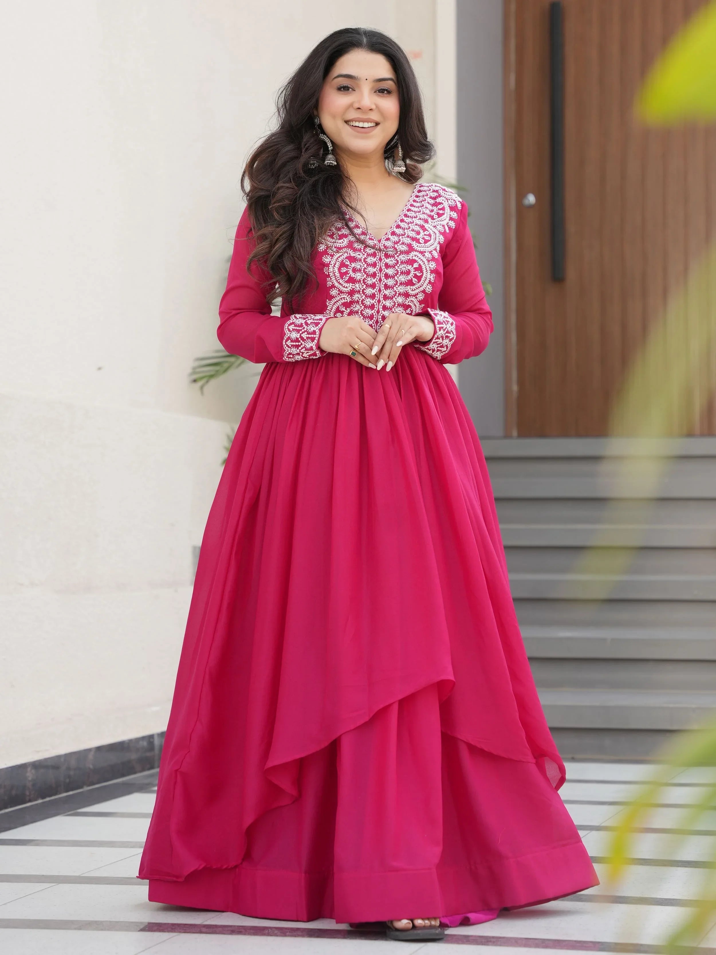 Pink star georgette beads and sequins embroidered work gown