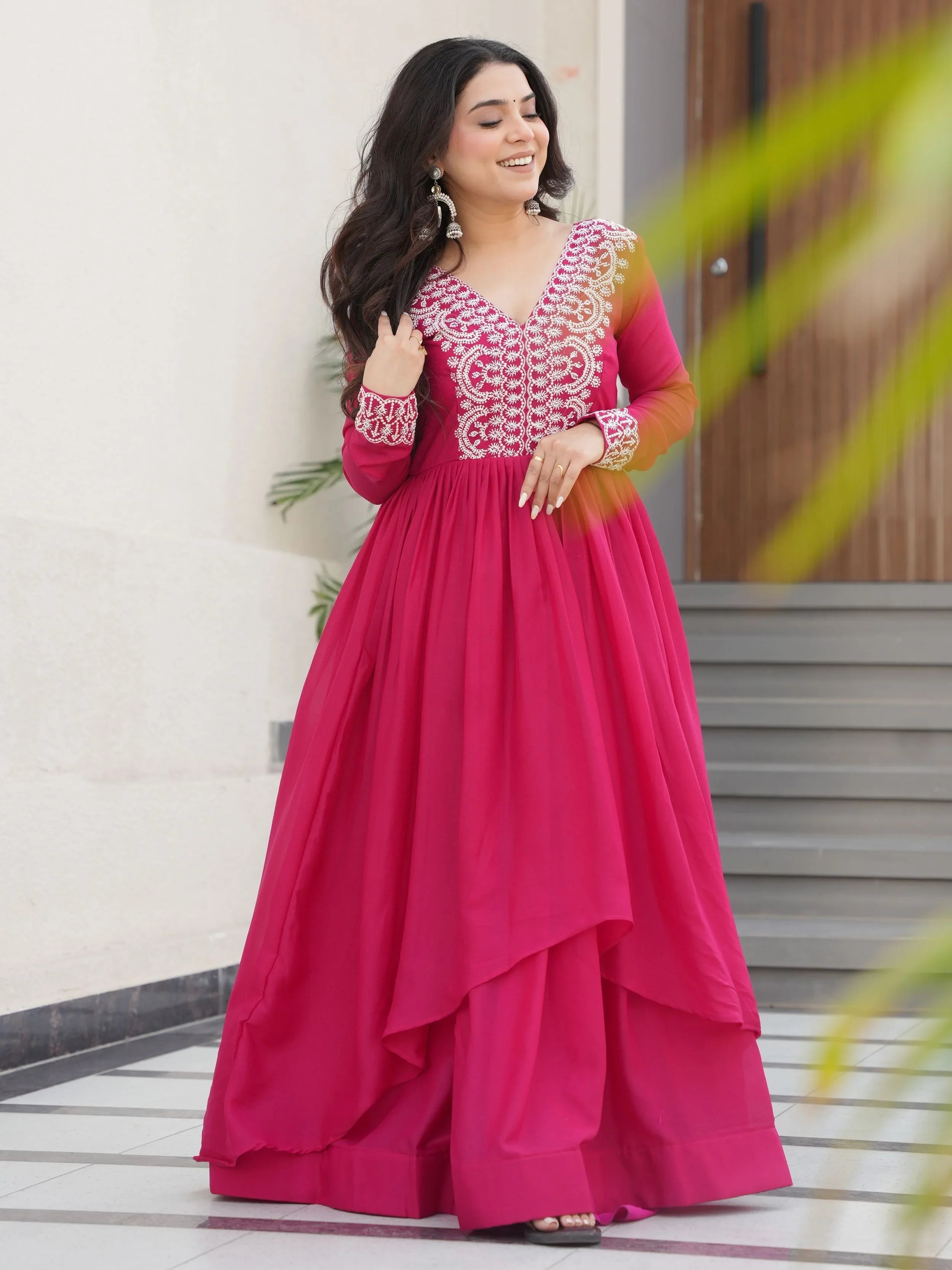 Pink star georgette beads and sequins embroidered work gown