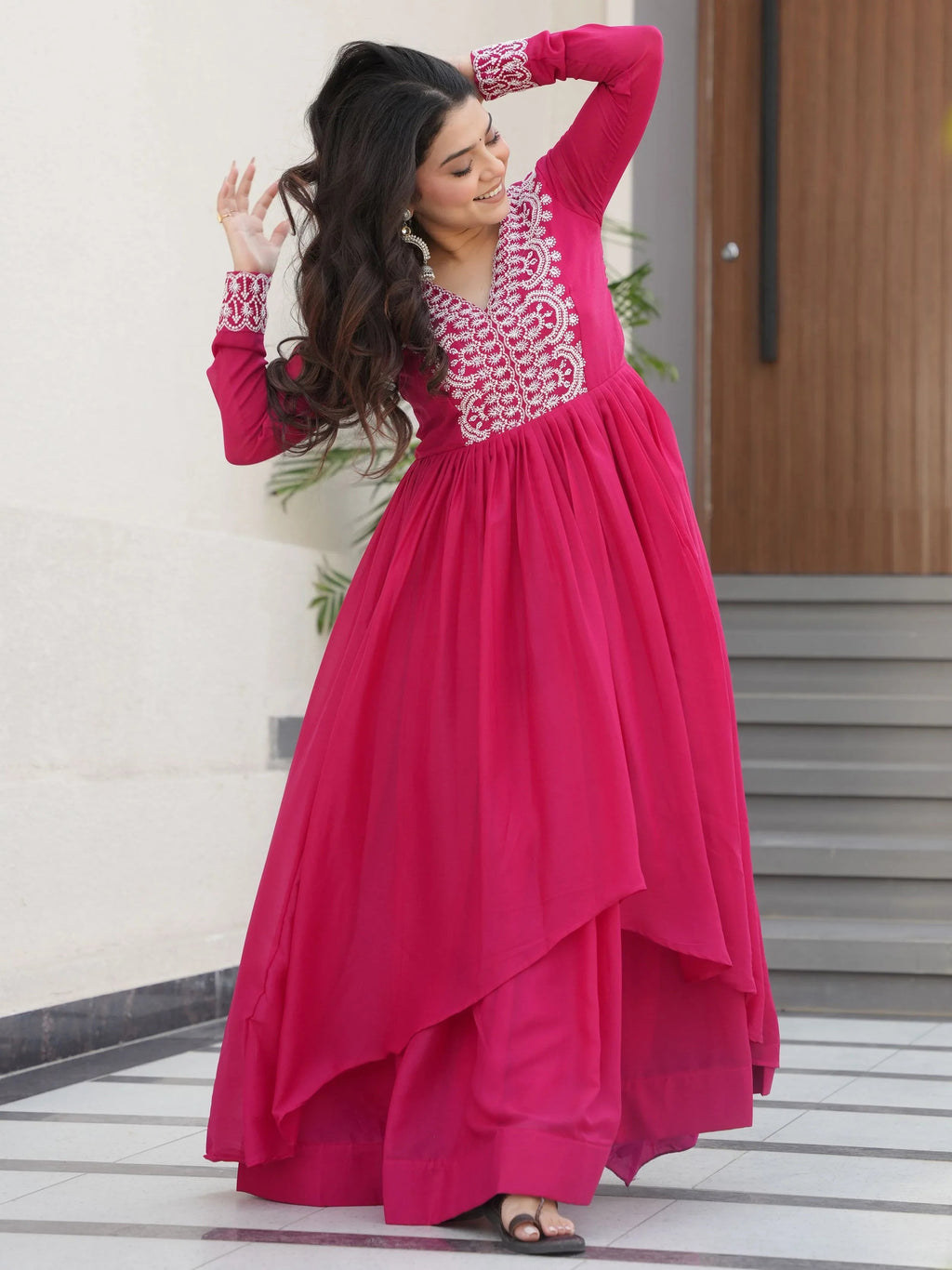 Pink star georgette beads and sequins embroidered work gown