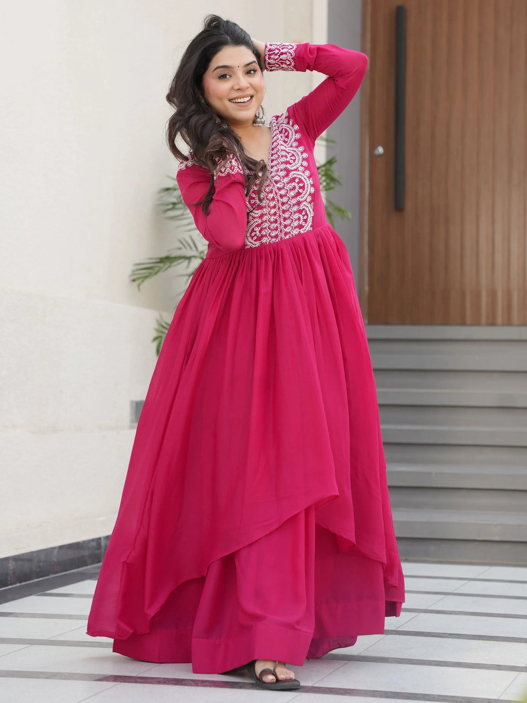 Pink star georgette beads and sequins embroidered work gown