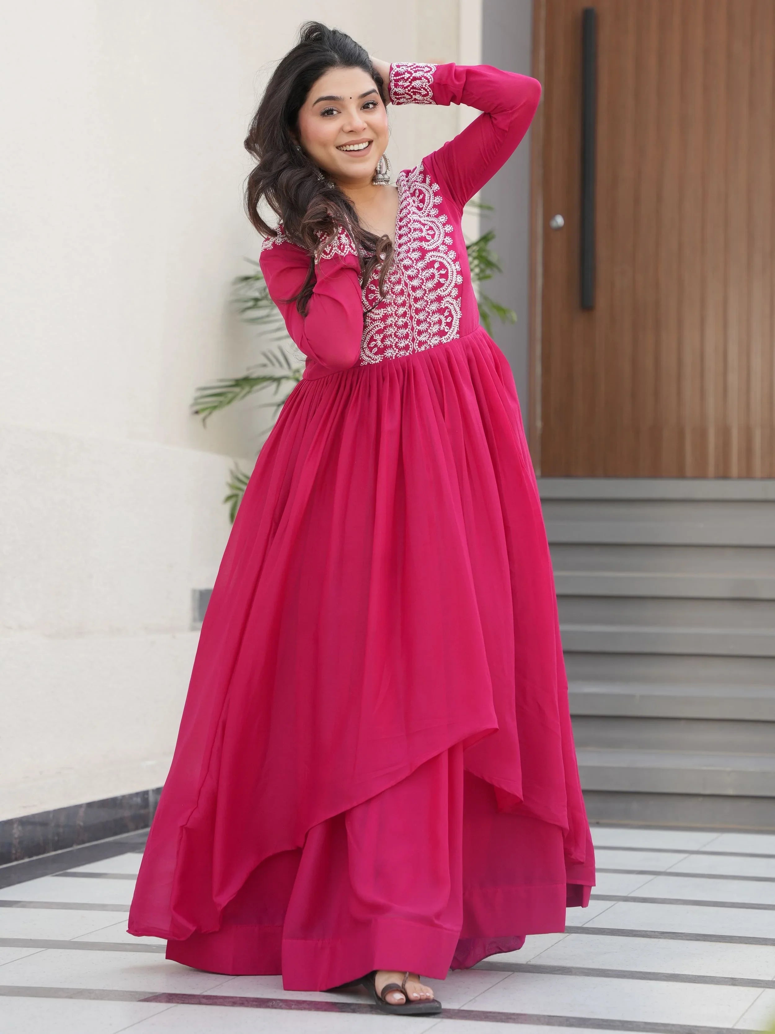 Pink star georgette beads and sequins embroidered work gown
