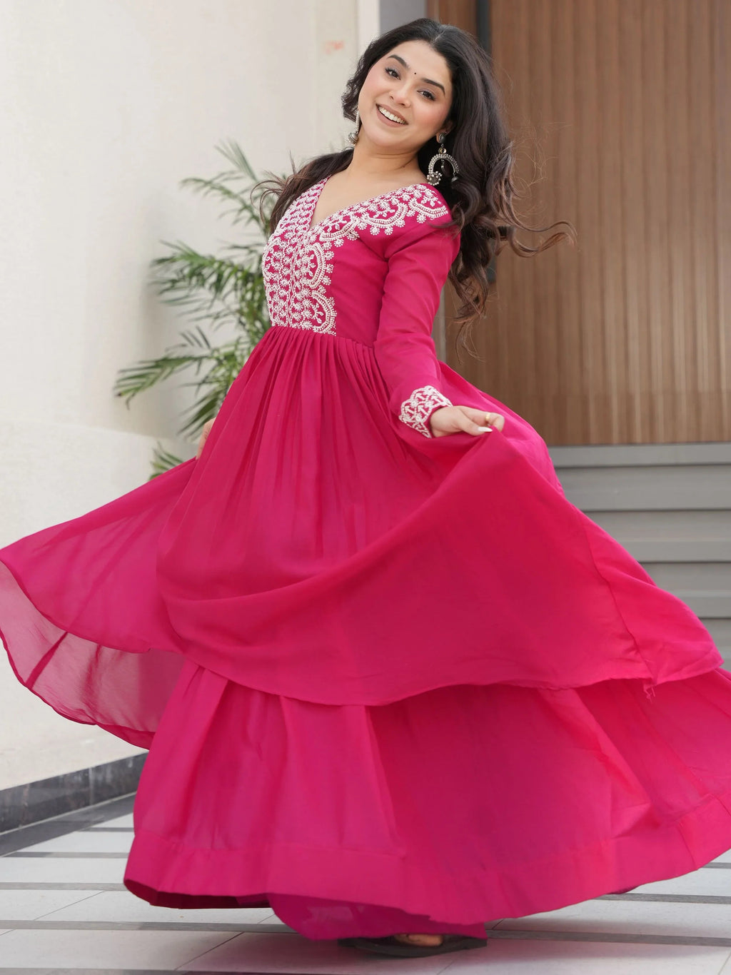 Pink star georgette beads and sequins embroidered work gown
