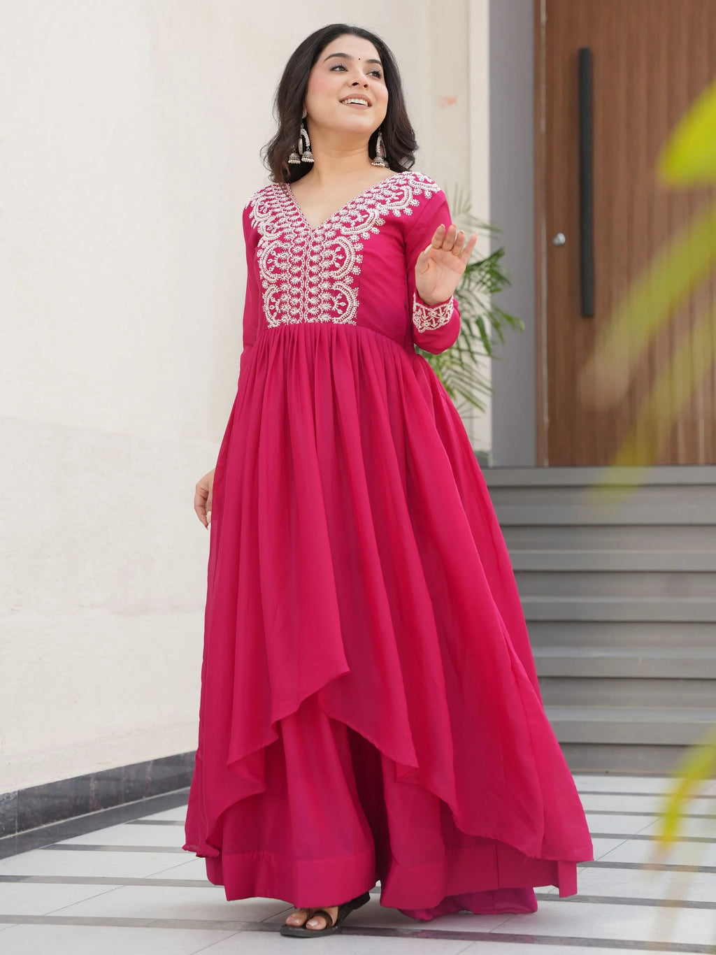 Pink star georgette beads and sequins embroidered work gown