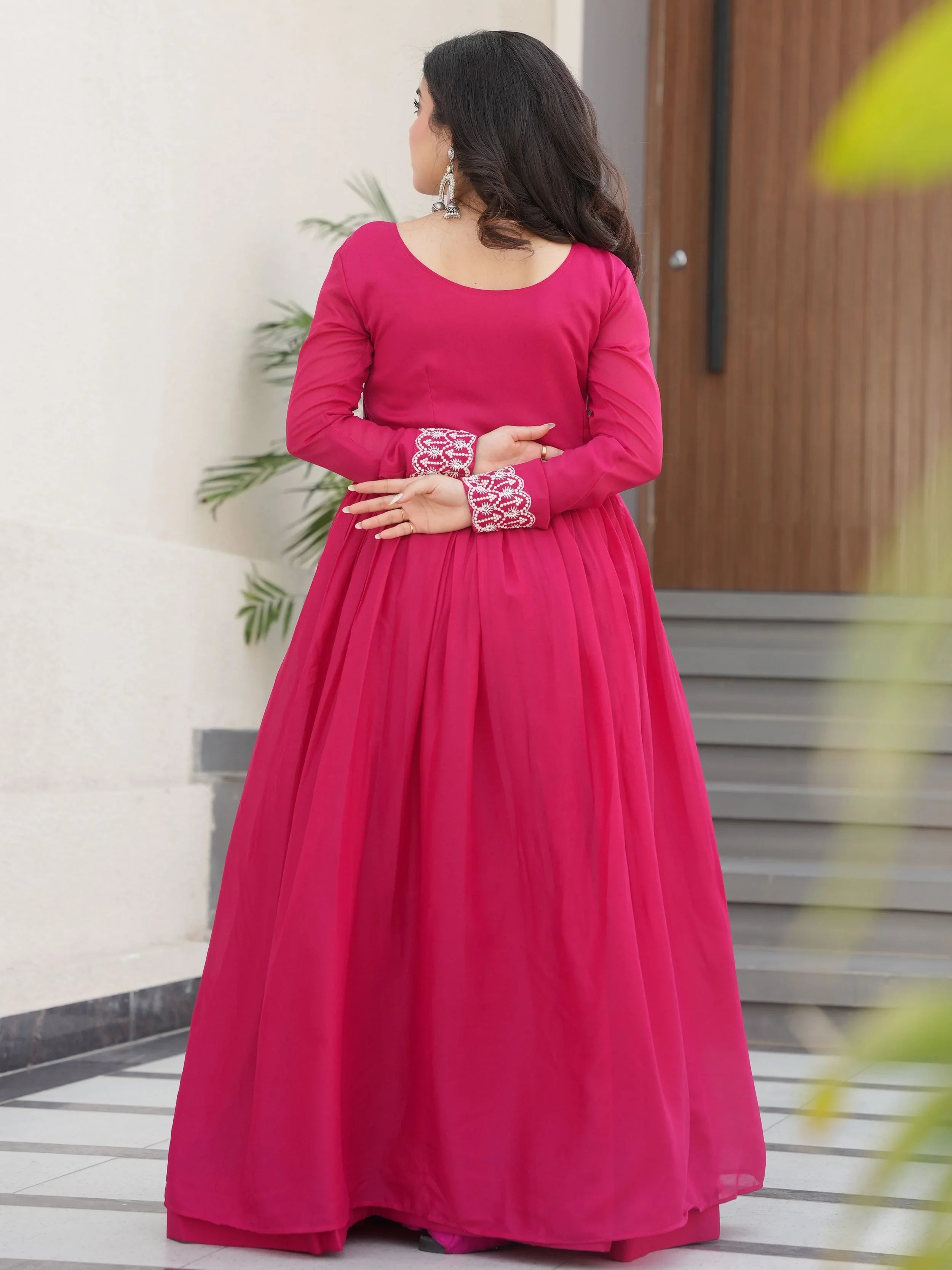 Pink star georgette beads and sequins embroidered work gown
