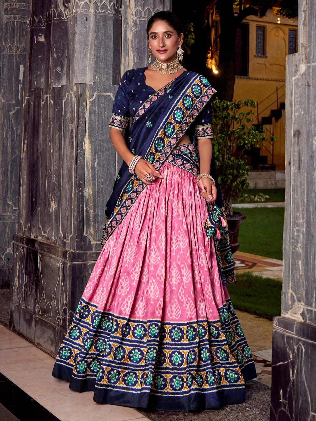 Pink silk print and sequins thread embroidery lehenga with dupatta