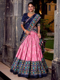 Pink silk print and sequins thread embroidery lehenga with dupatta