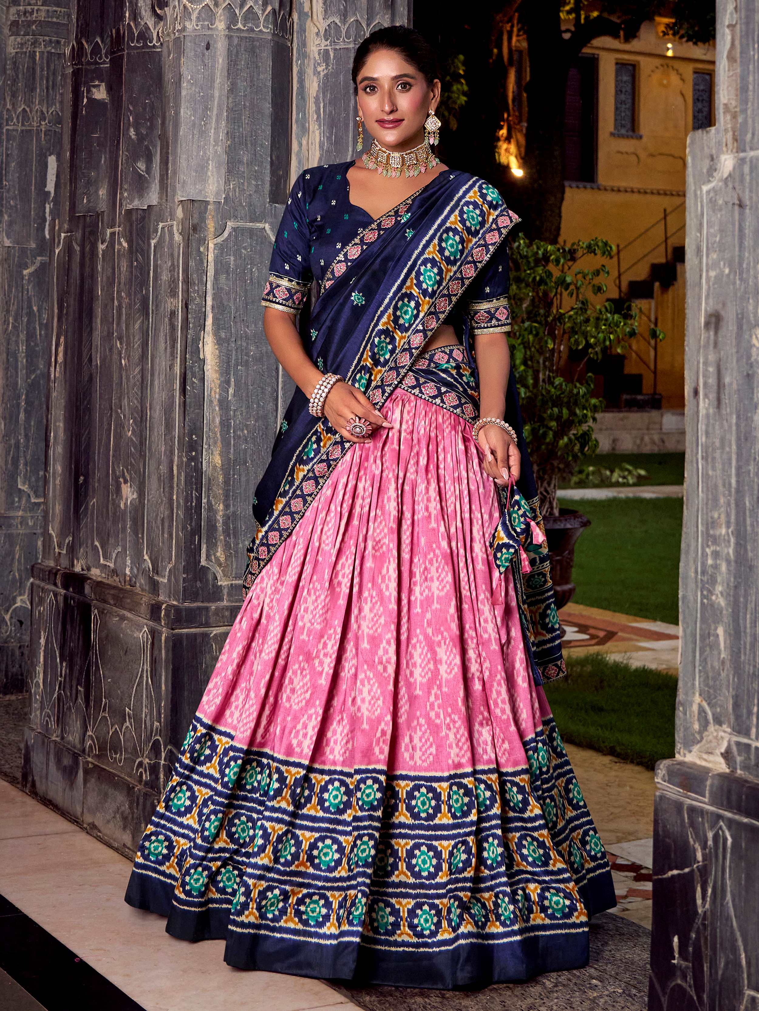 Pink silk print and sequins thread embroidery lehenga with dupatta