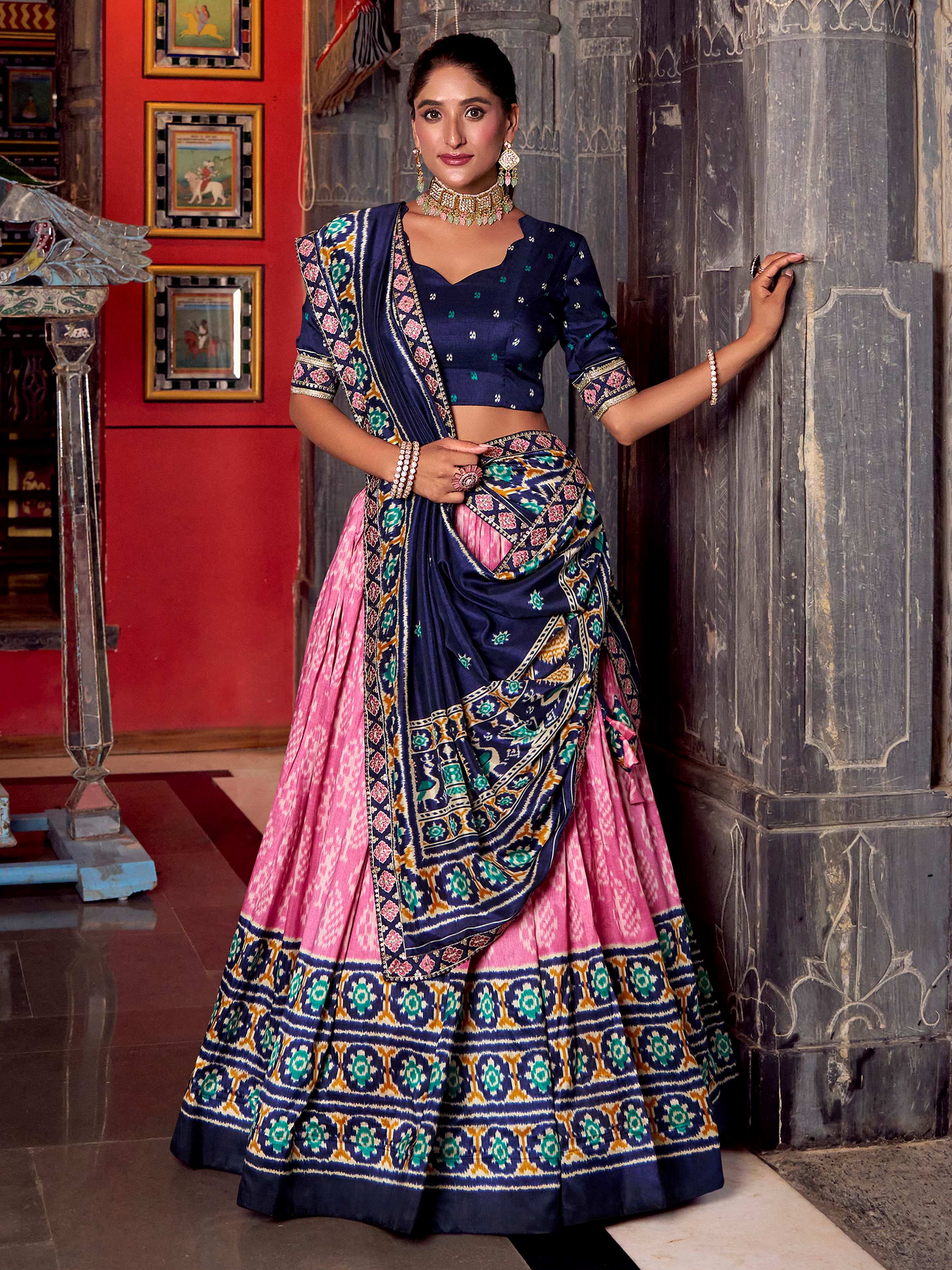 Pink silk print and sequins thread embroidery lehenga with dupatta