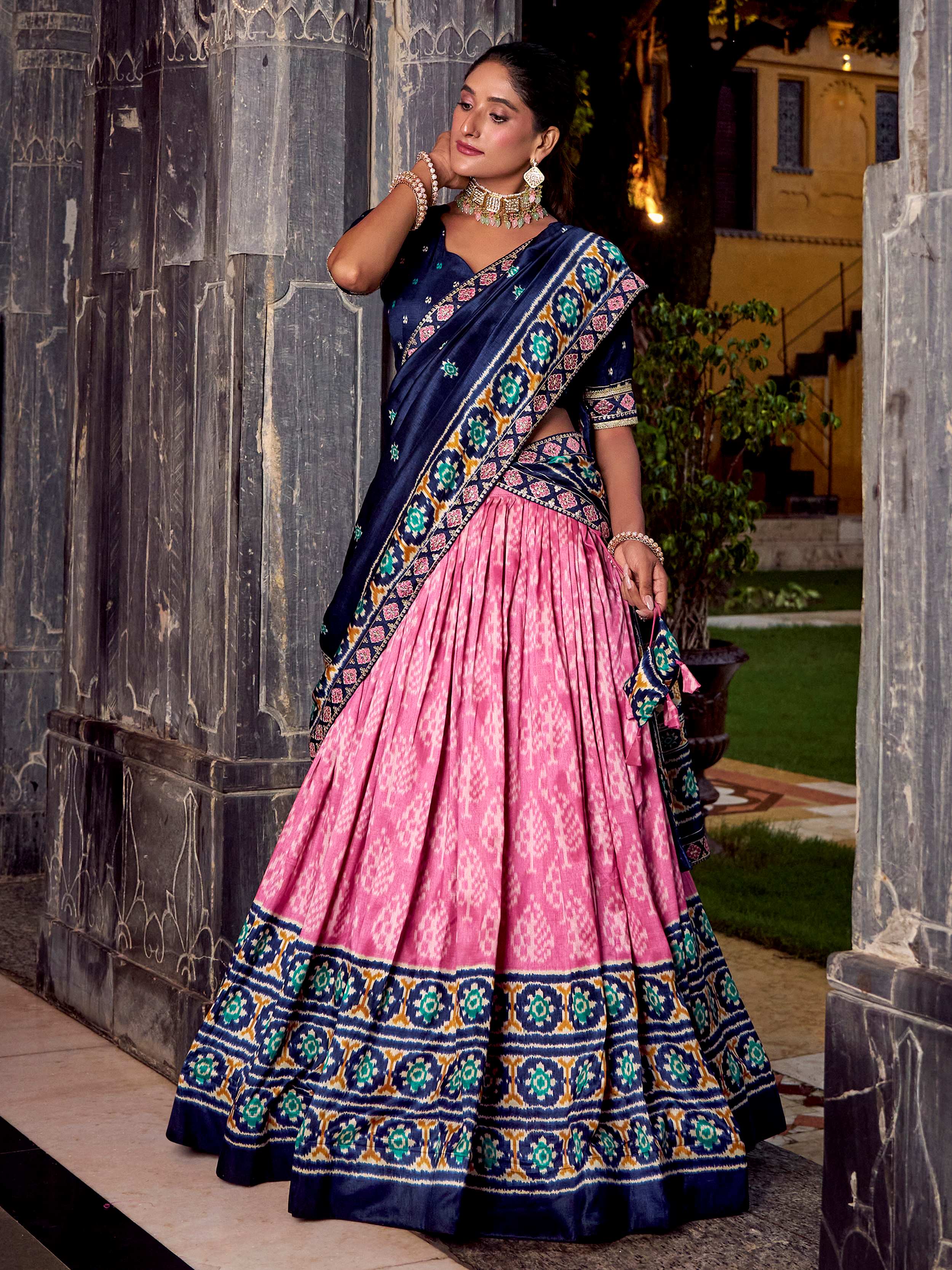 Pink silk print and sequins thread embroidery lehenga with dupatta