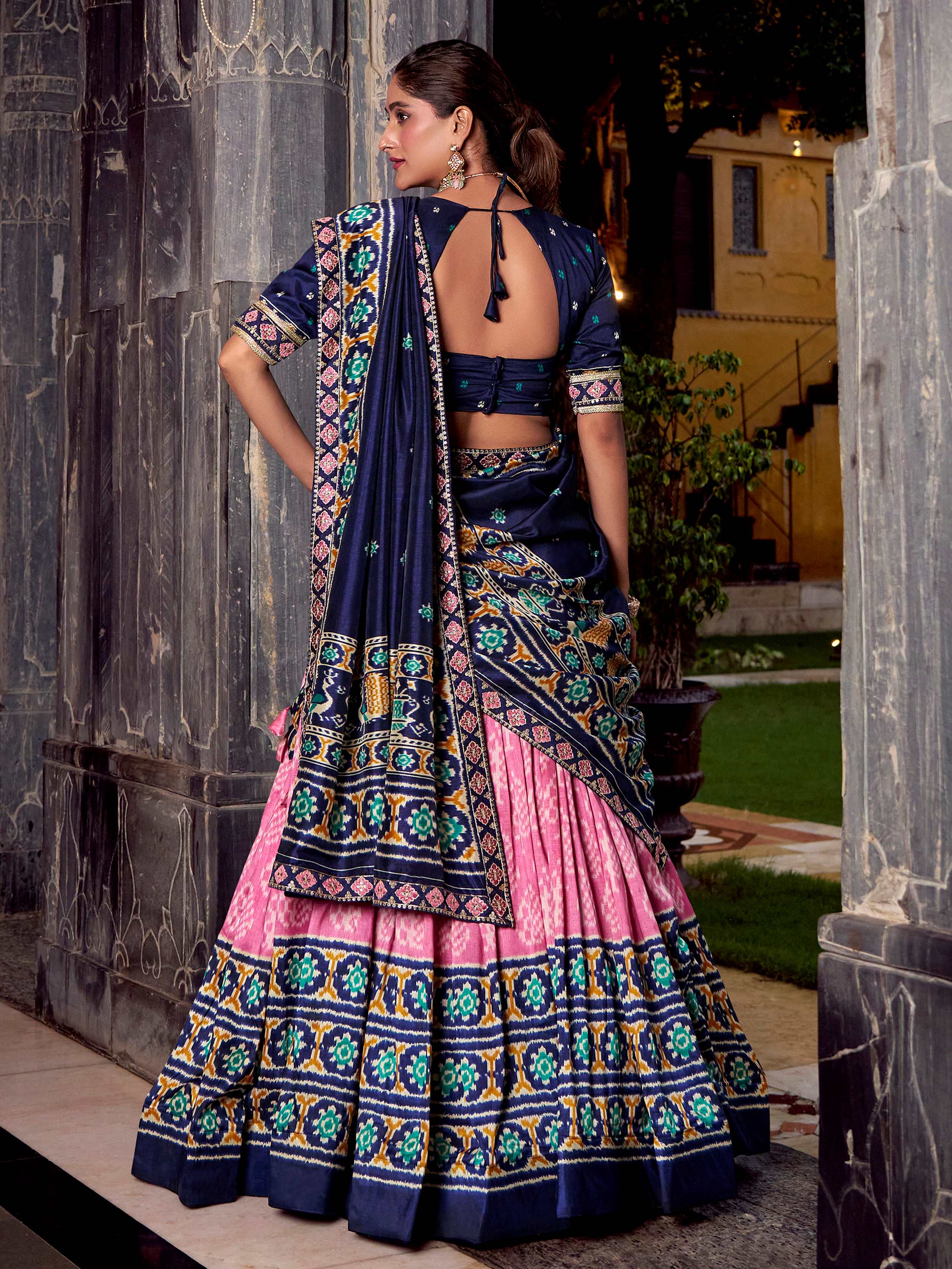 Pink silk print and sequins thread embroidery lehenga with dupatta
