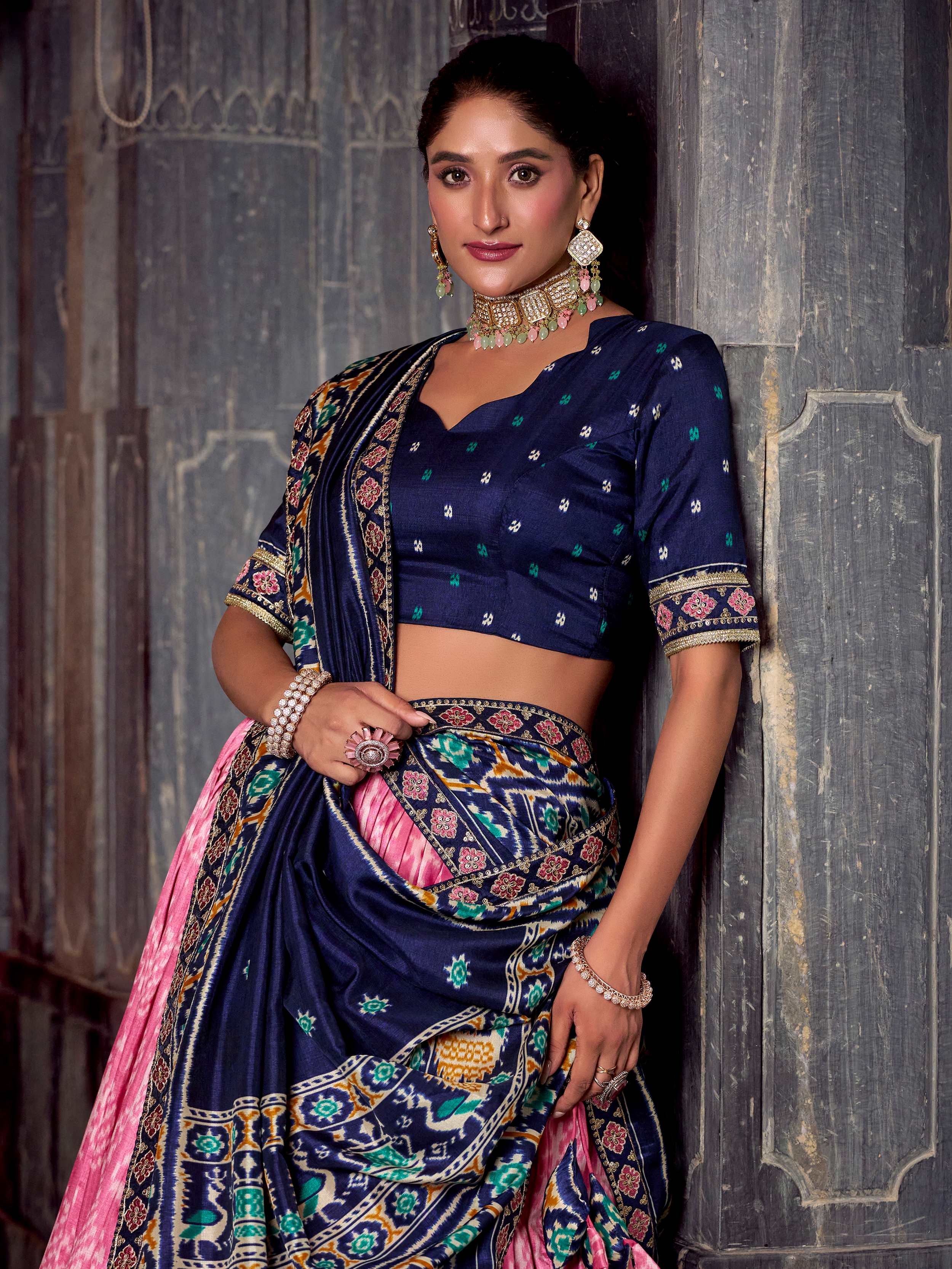 Pink silk print and sequins thread embroidery lehenga with dupatta