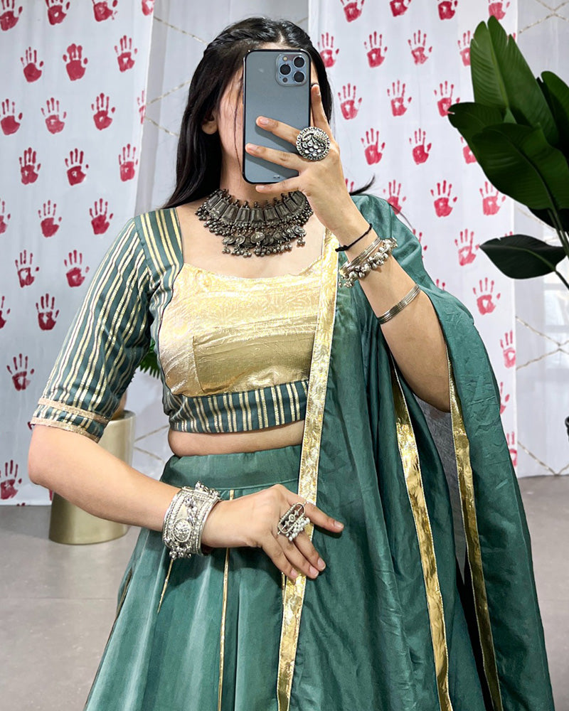 Pista green chanderi lehenga choli with zari gota patti lace work