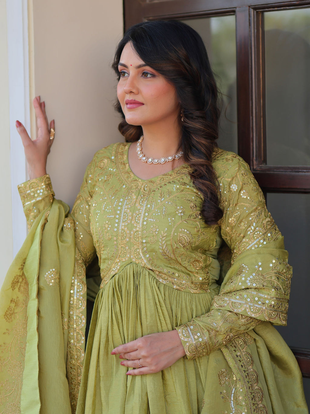 Pista green organza gown with sequins embroidery and dupatta