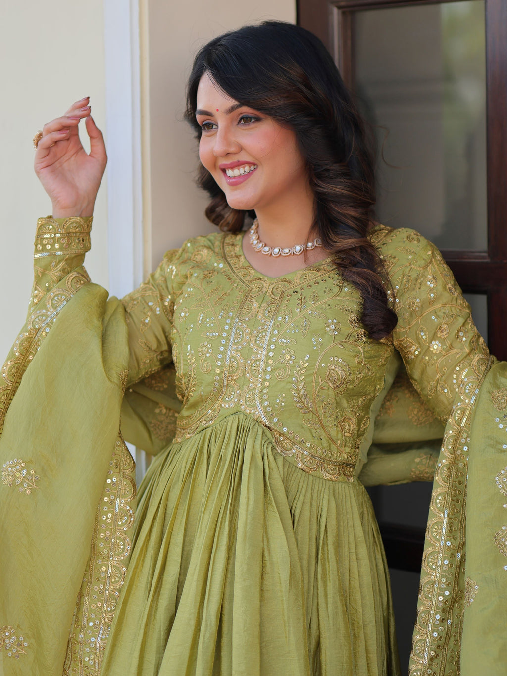 Pista green organza gown with sequins embroidery and dupatta