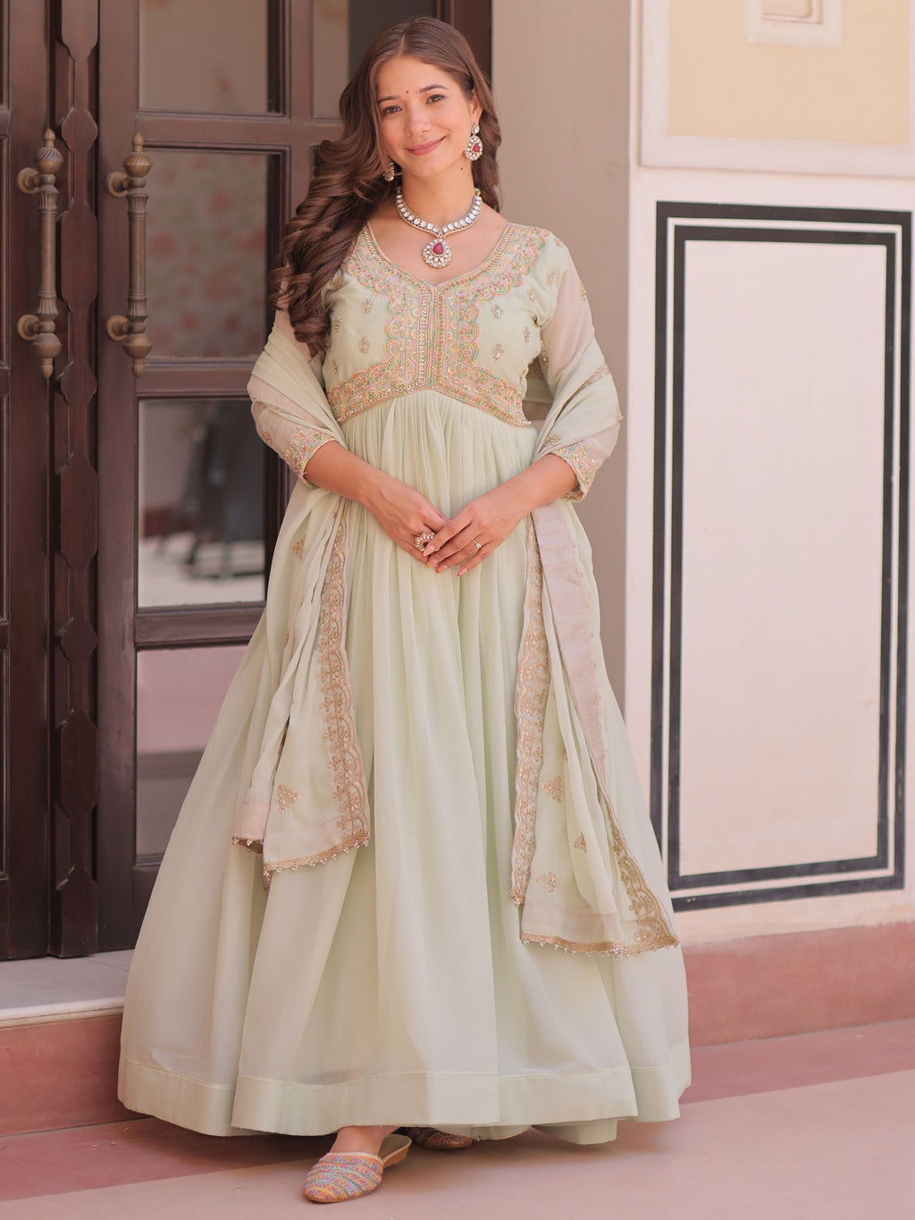 Pista green star georgette beads sequins embroidery gown with dupatta