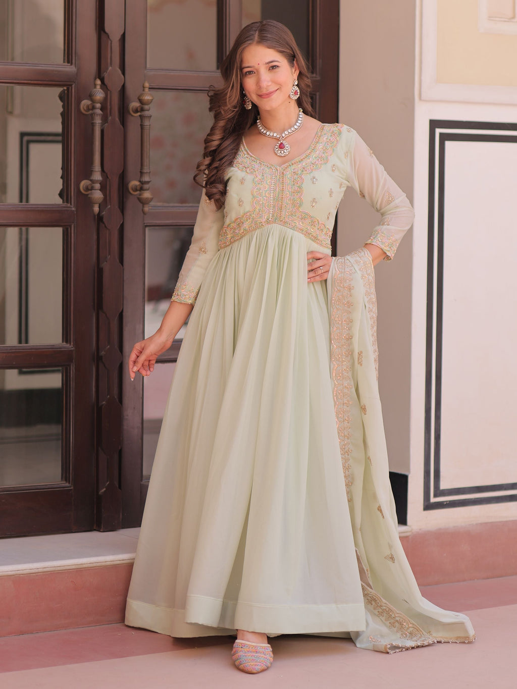 Pista green star georgette beads sequins embroidery gown with dupatta