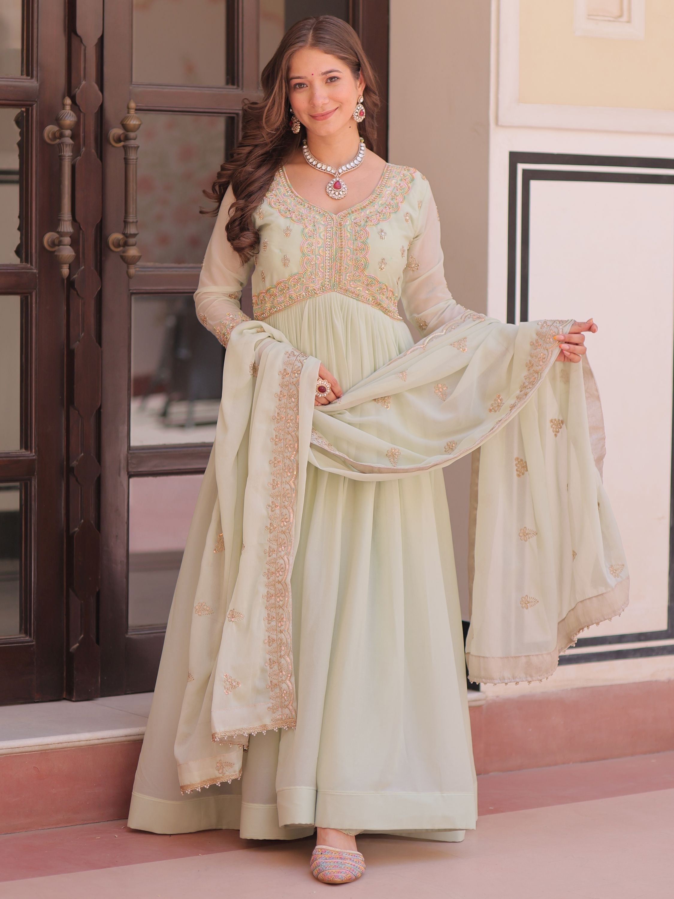 Pista green star georgette beads sequins embroidery gown with dupatta