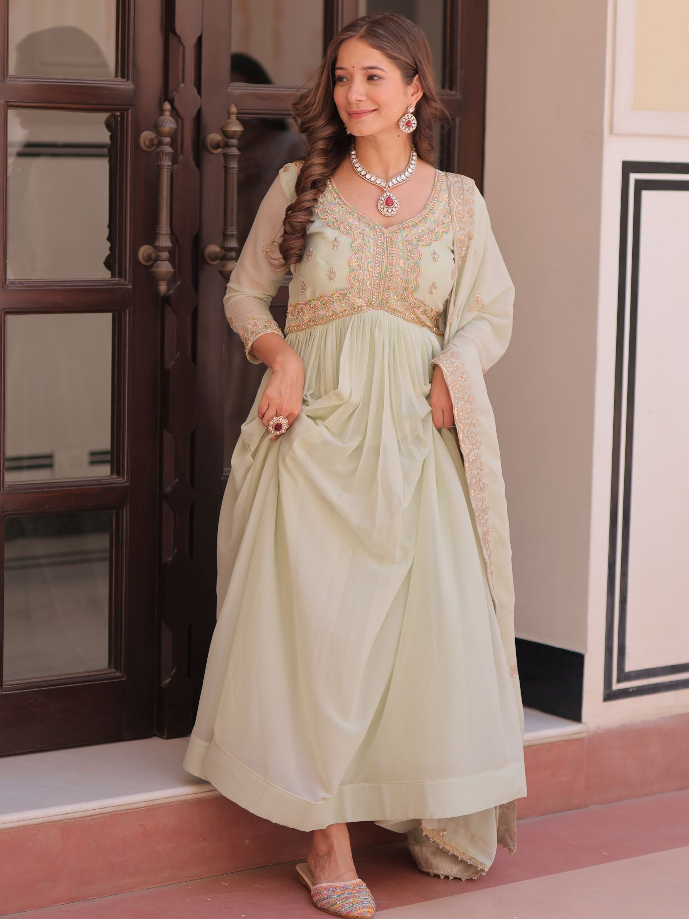 Pista green star georgette beads sequins embroidery gown with dupatta