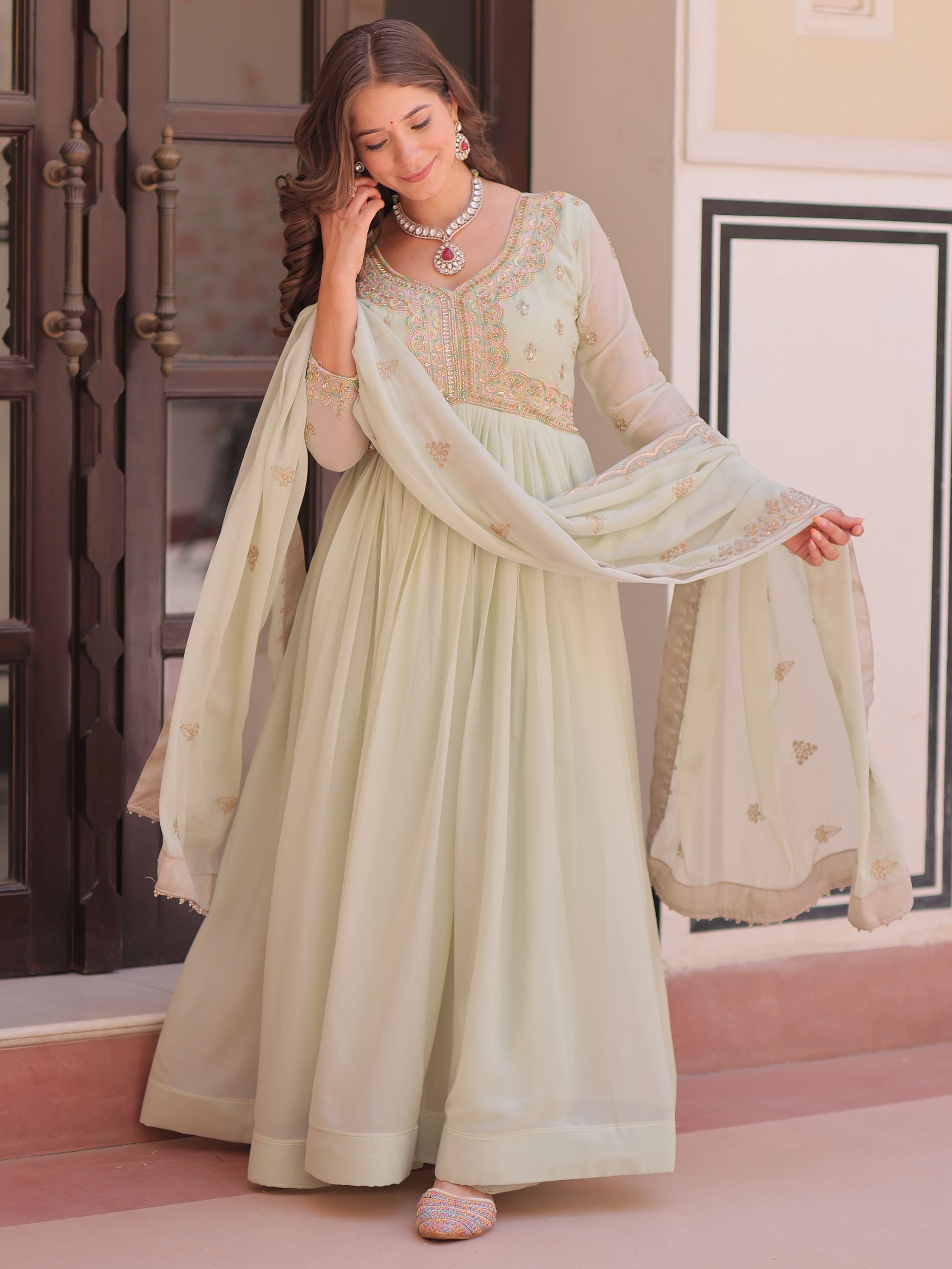 Pista green star georgette beads sequins embroidery gown with dupatta