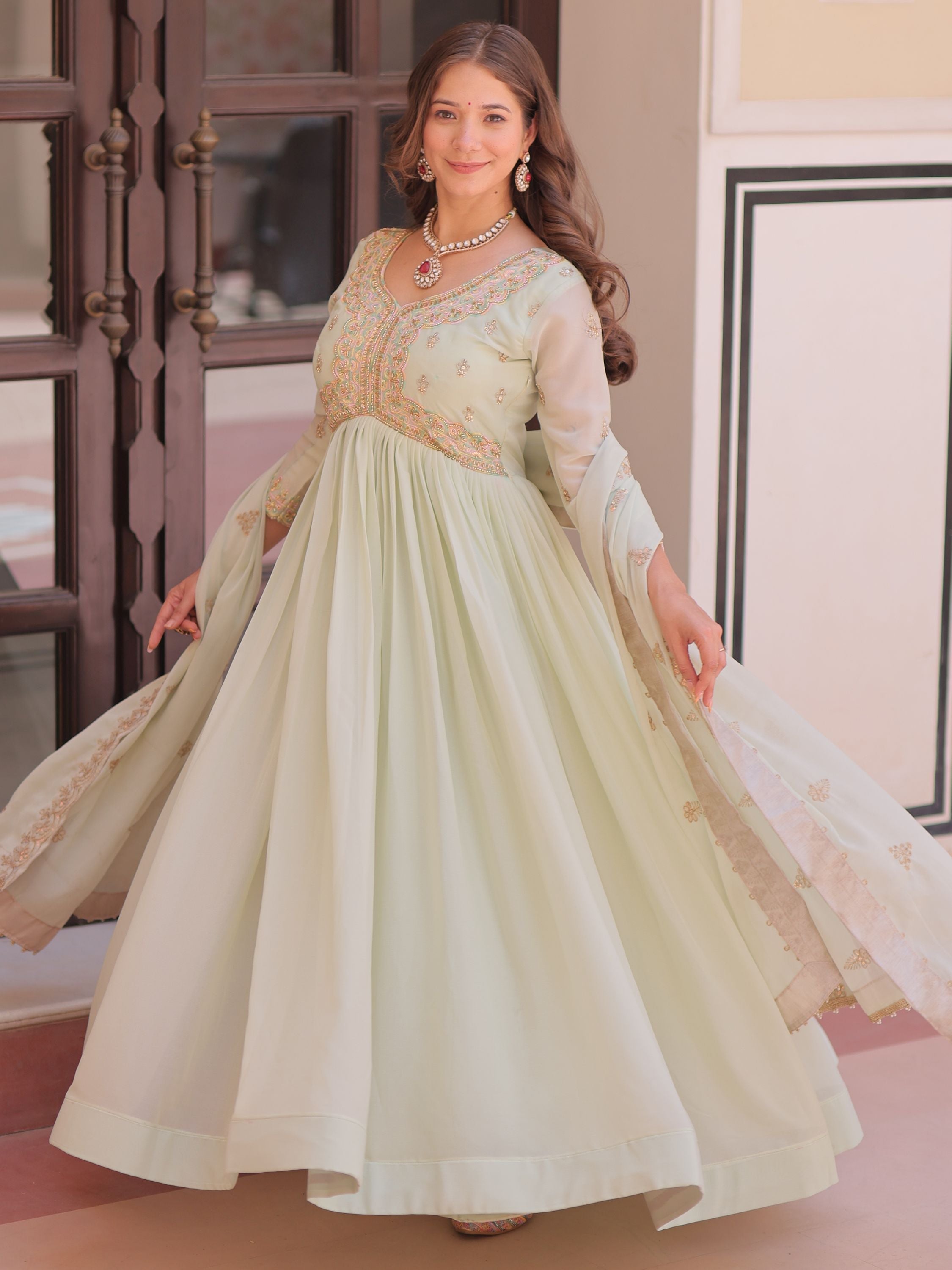 Pista green star georgette beads sequins embroidery gown with dupatta