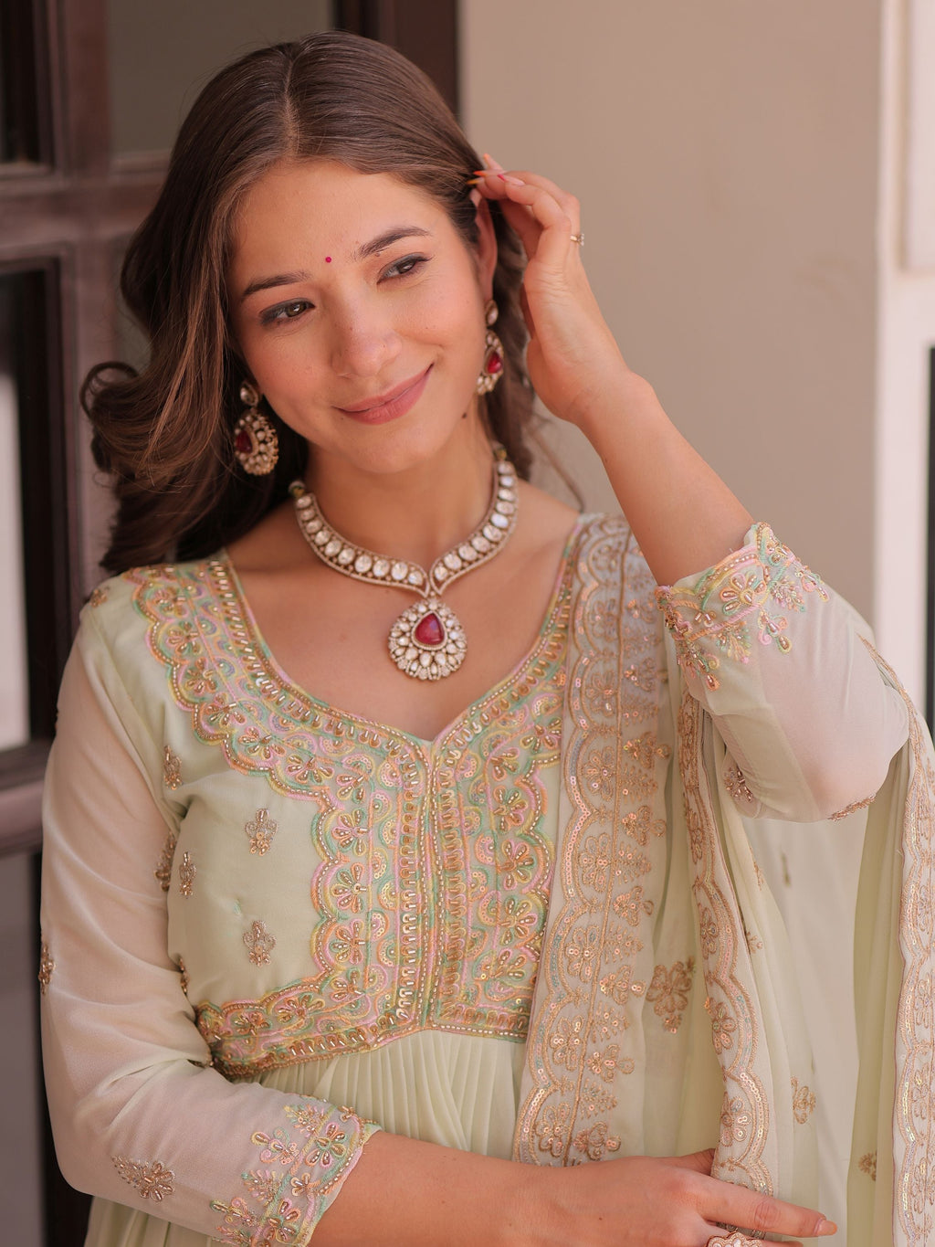 Pista green star georgette beads sequins embroidery gown with dupatta