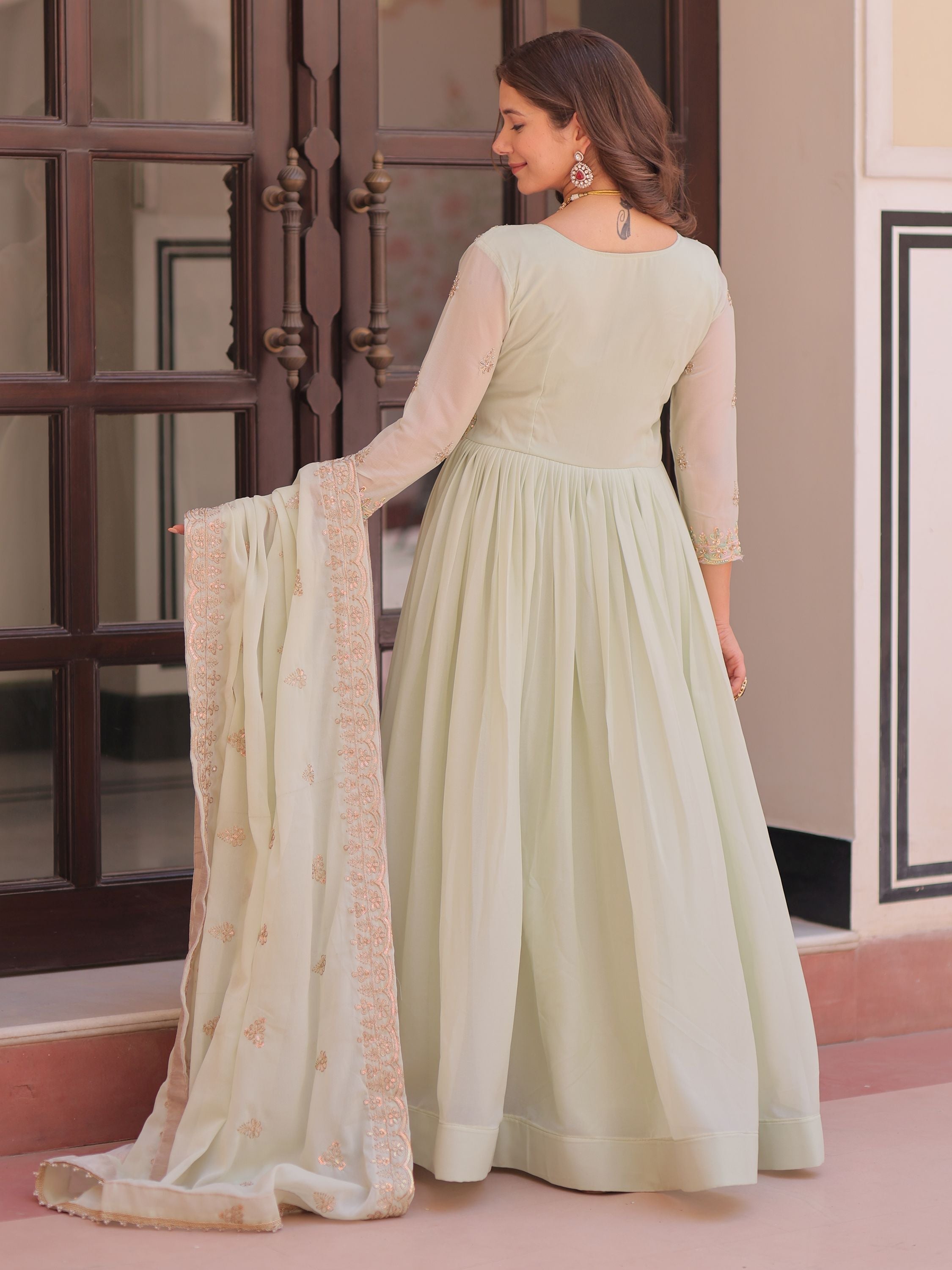 Pista green star georgette beads sequins embroidery gown with dupatta
