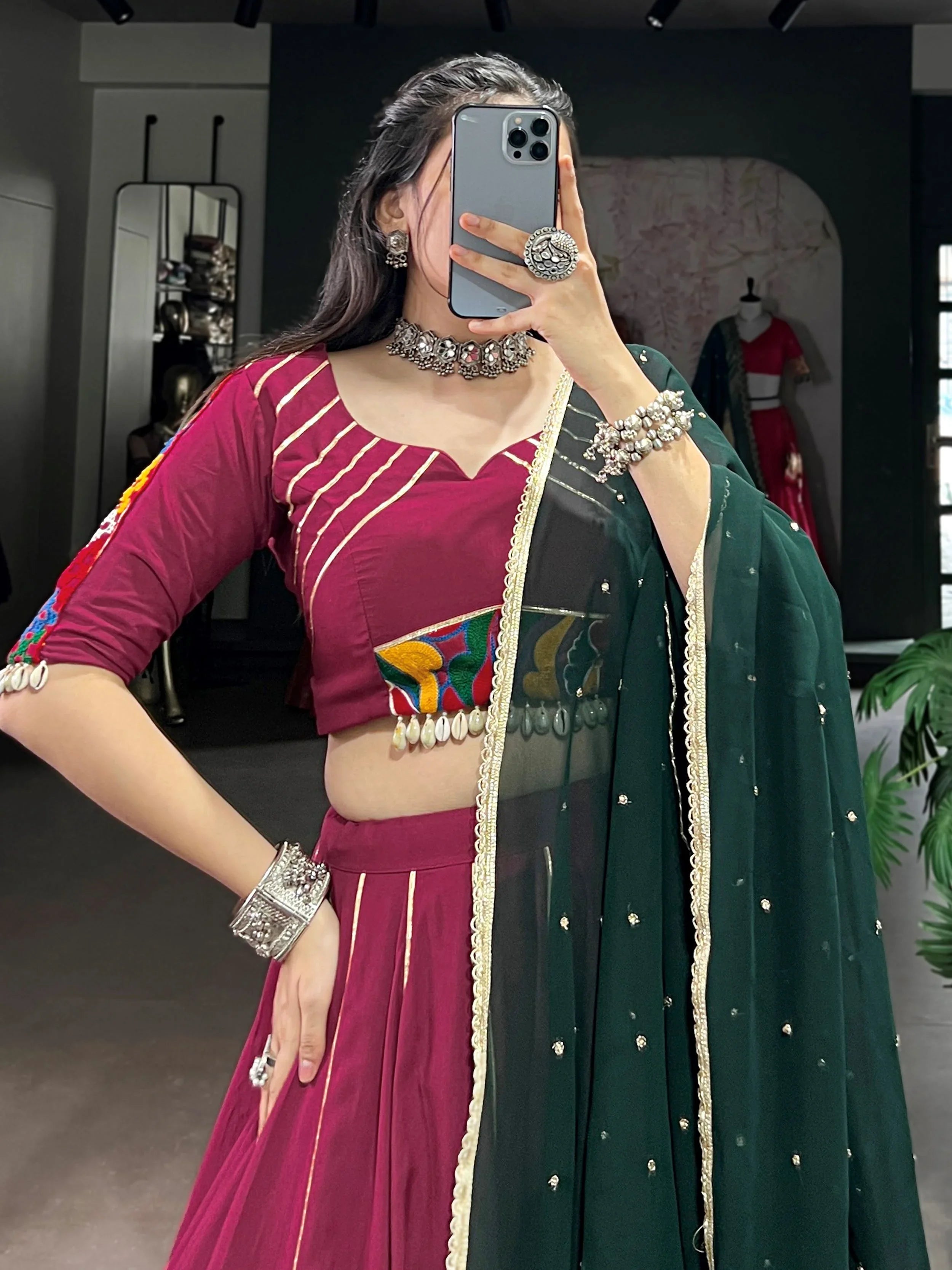 Plum colour rayon lehenga choli with mirror gamthi work and dupatta