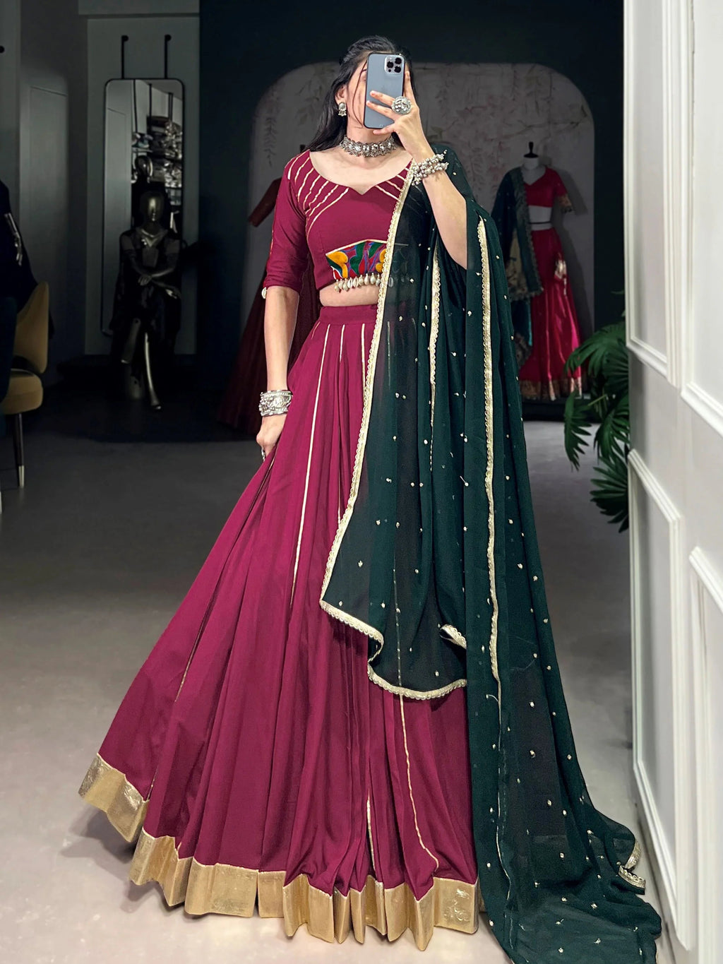 Plum colour rayon lehenga choli with mirror gamthi work and dupatta