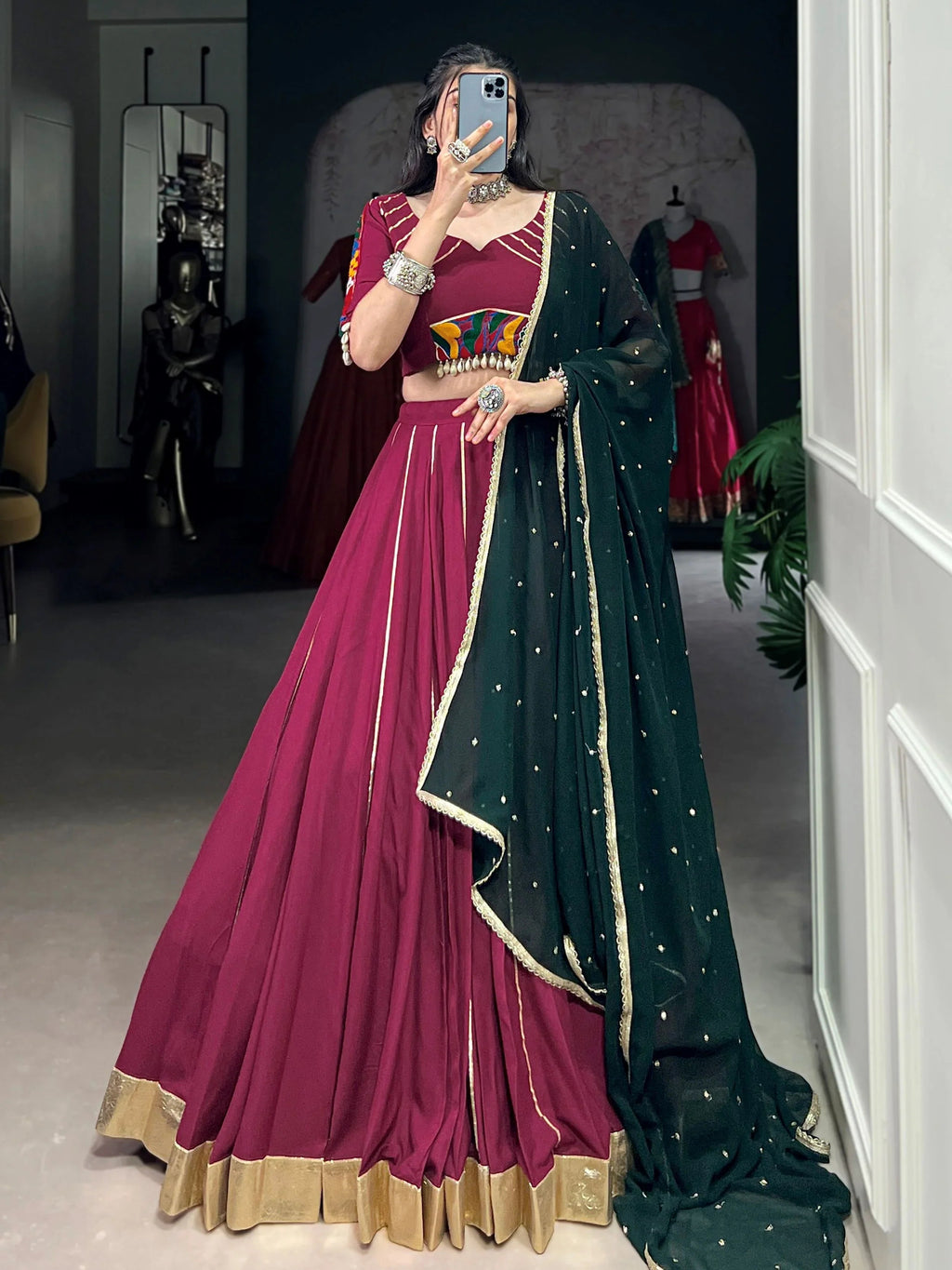 Plum colour rayon lehenga choli with mirror gamthi work and dupatta