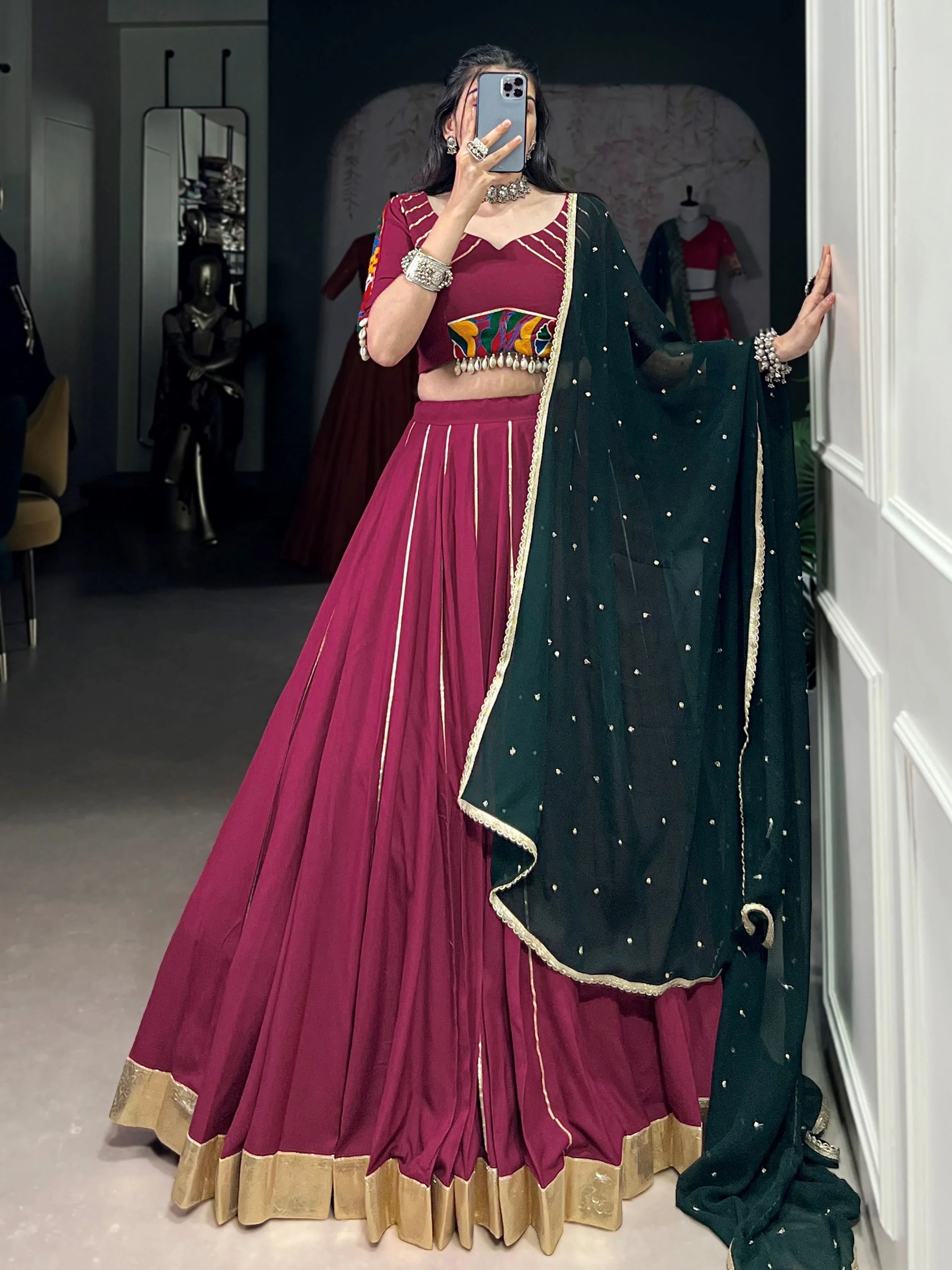 Plum colour rayon lehenga choli with mirror gamthi work and dupatta