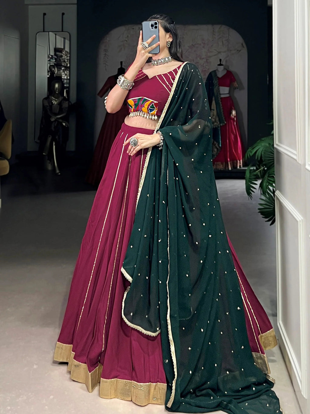 Plum colour rayon lehenga choli with mirror gamthi work and dupatta