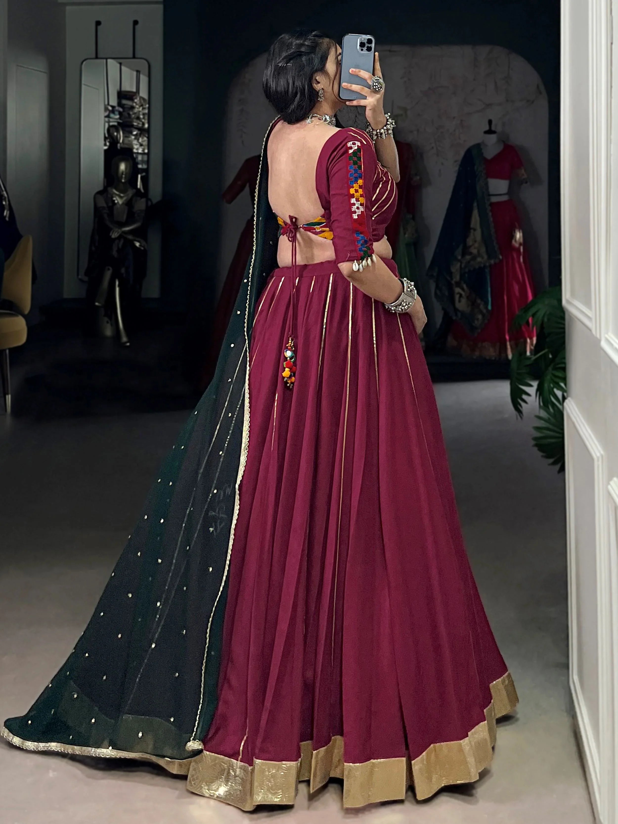 Plum colour rayon lehenga choli with mirror gamthi work and dupatta