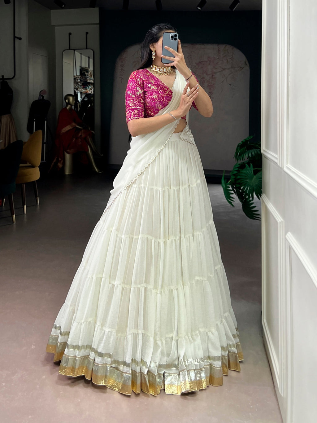 Prachi white marble embossed design lace gota patti half saree lehenga choli