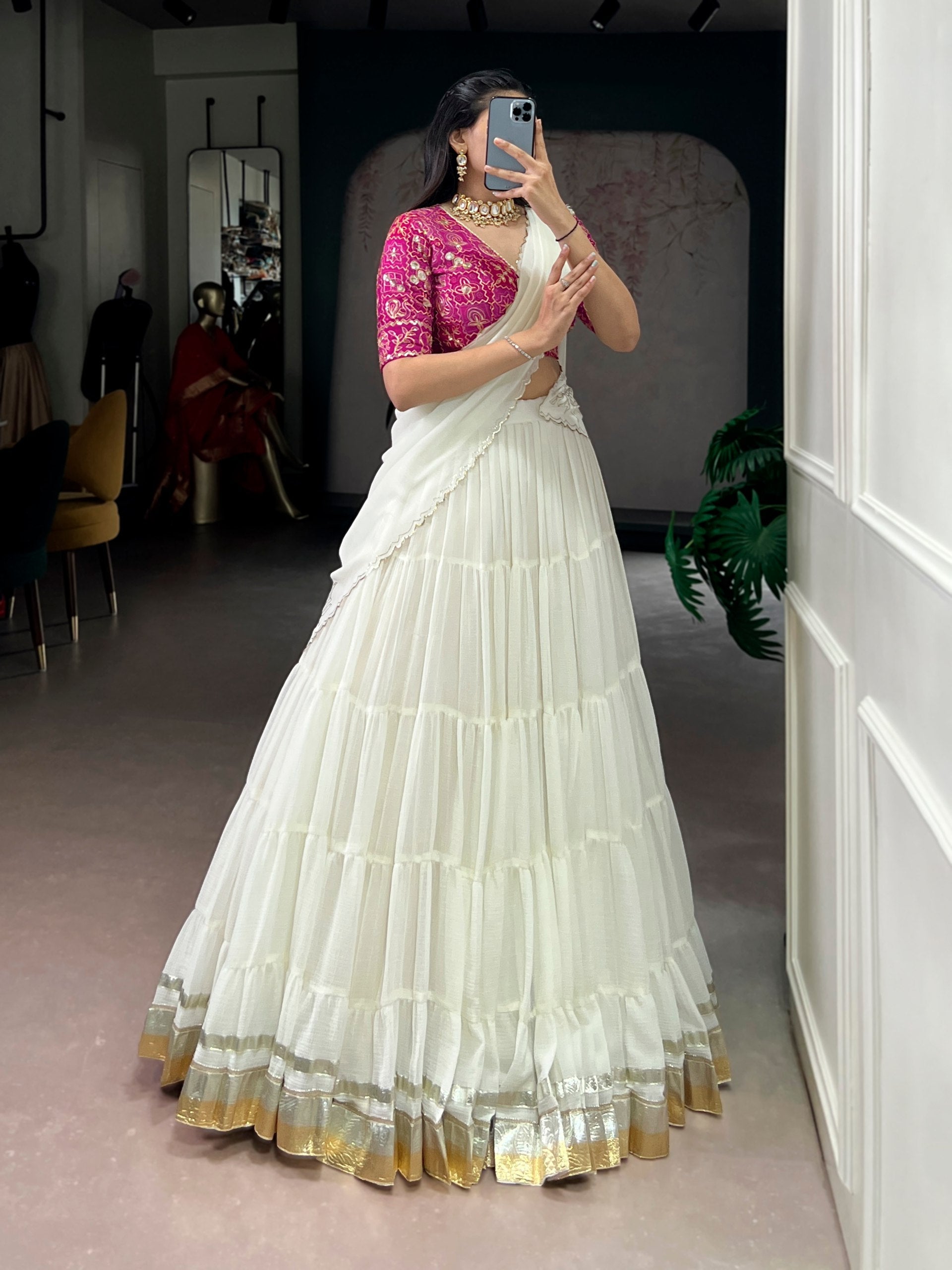 Prachi white marble embossed design lace gota patti half saree lehenga choli