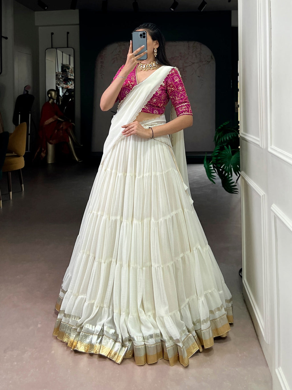 Prachi white marble embossed design lace gota patti half saree lehenga choli