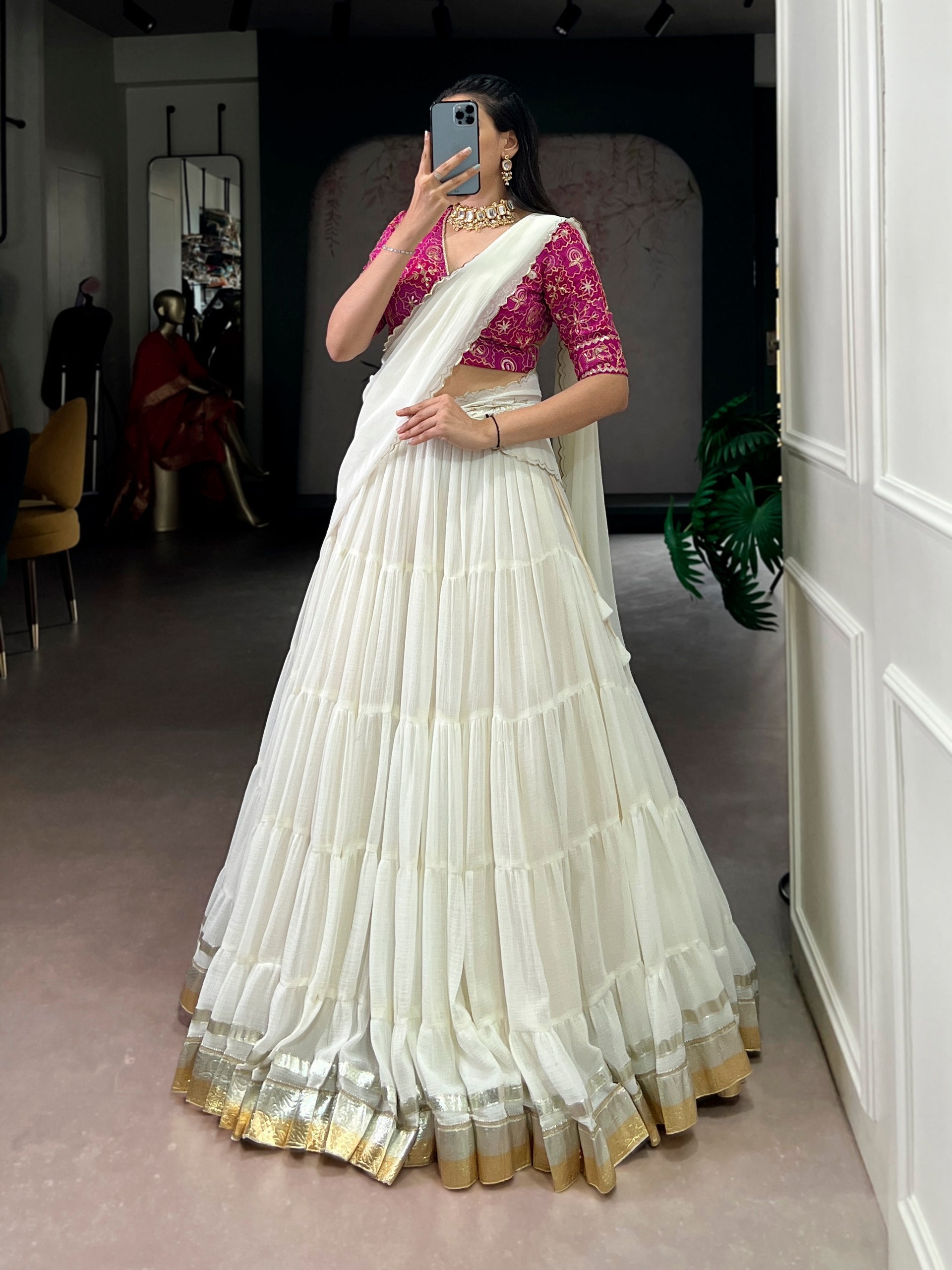 Prachi white marble embossed design lace gota patti half saree lehenga choli