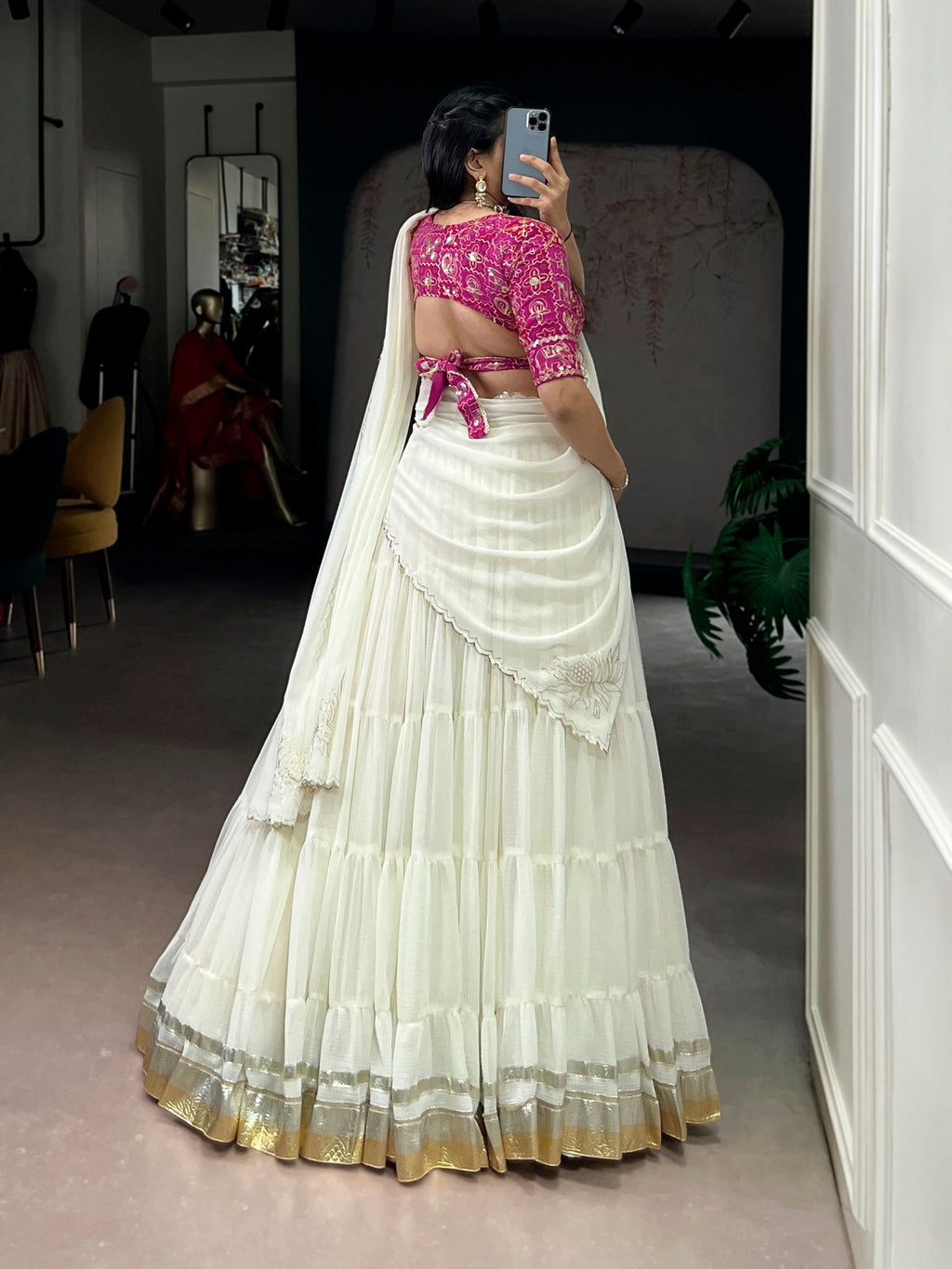 Prachi white marble embossed design lace gota patti half saree lehenga choli