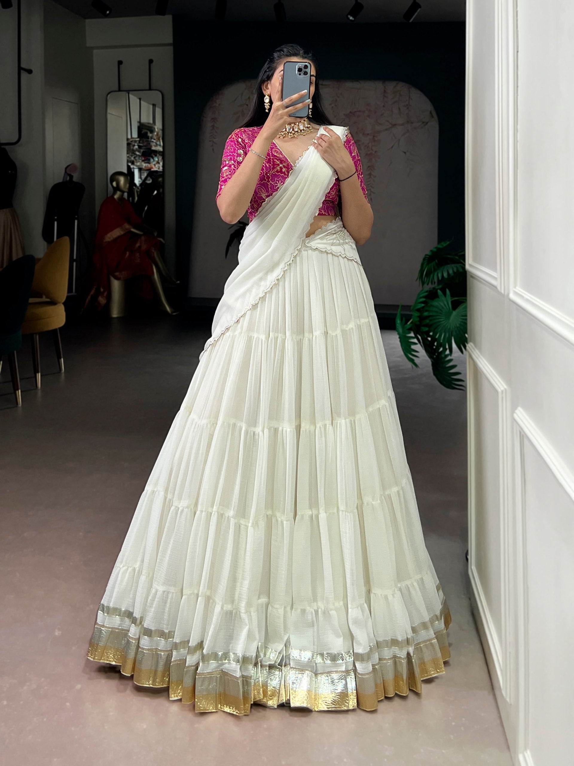 Prachi white marble embossed design lace gota patti half saree lehenga choli