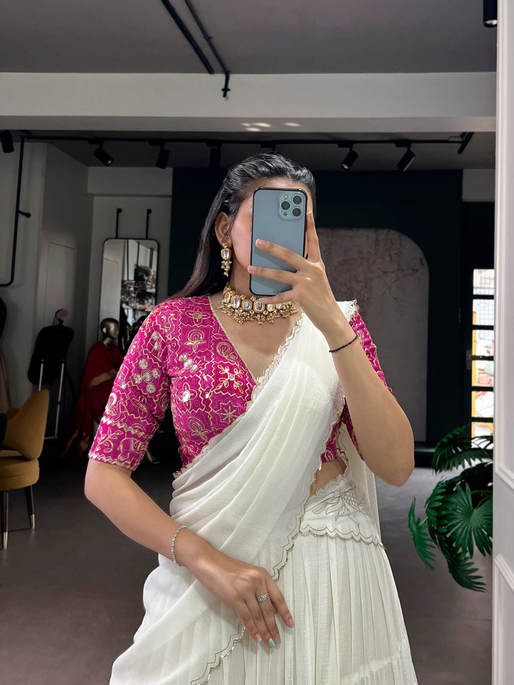 Prachi white marble embossed design lace gota patti half saree lehenga choli