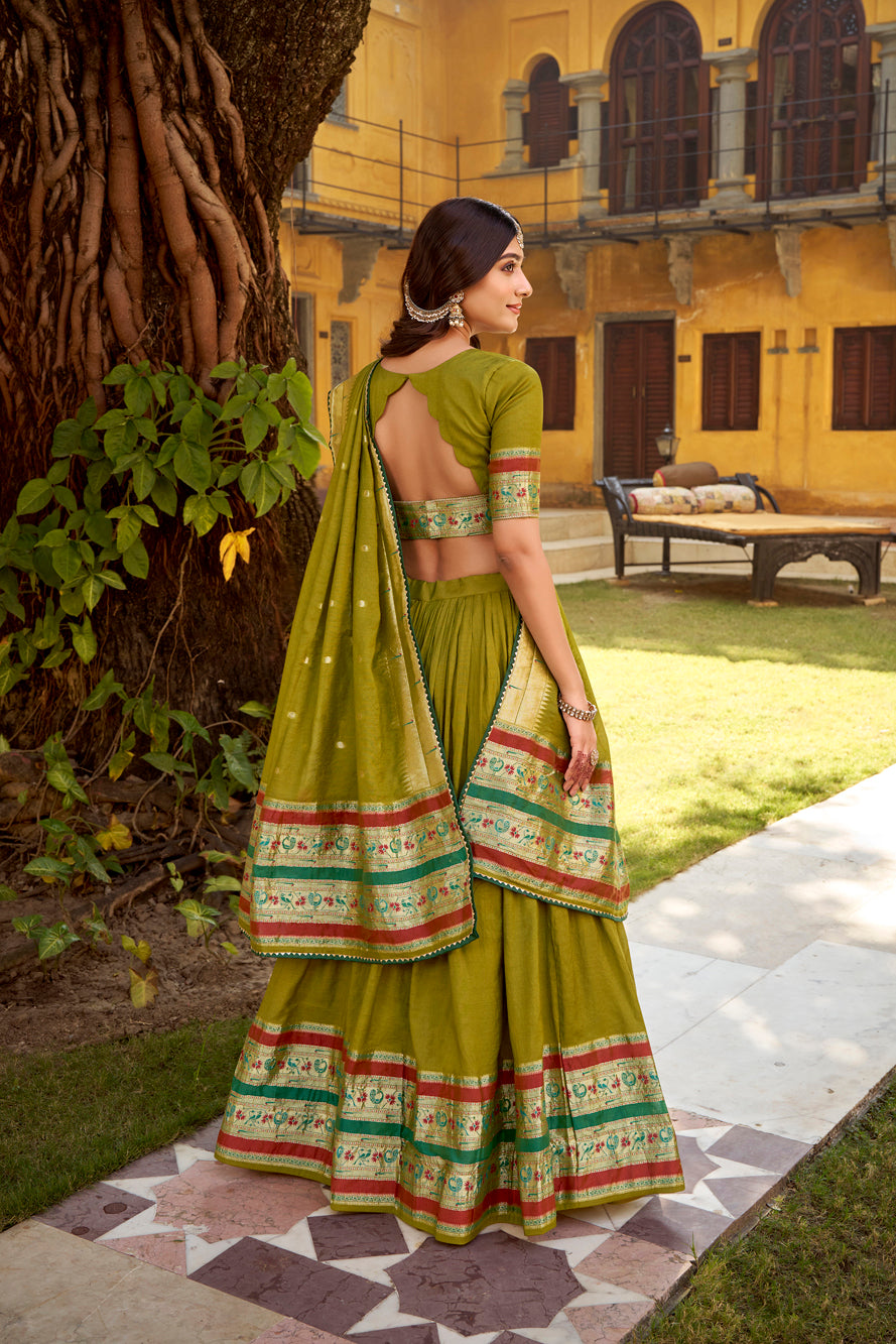 Prerna green pure Chanderi zari weaving Paithani lehenga choli