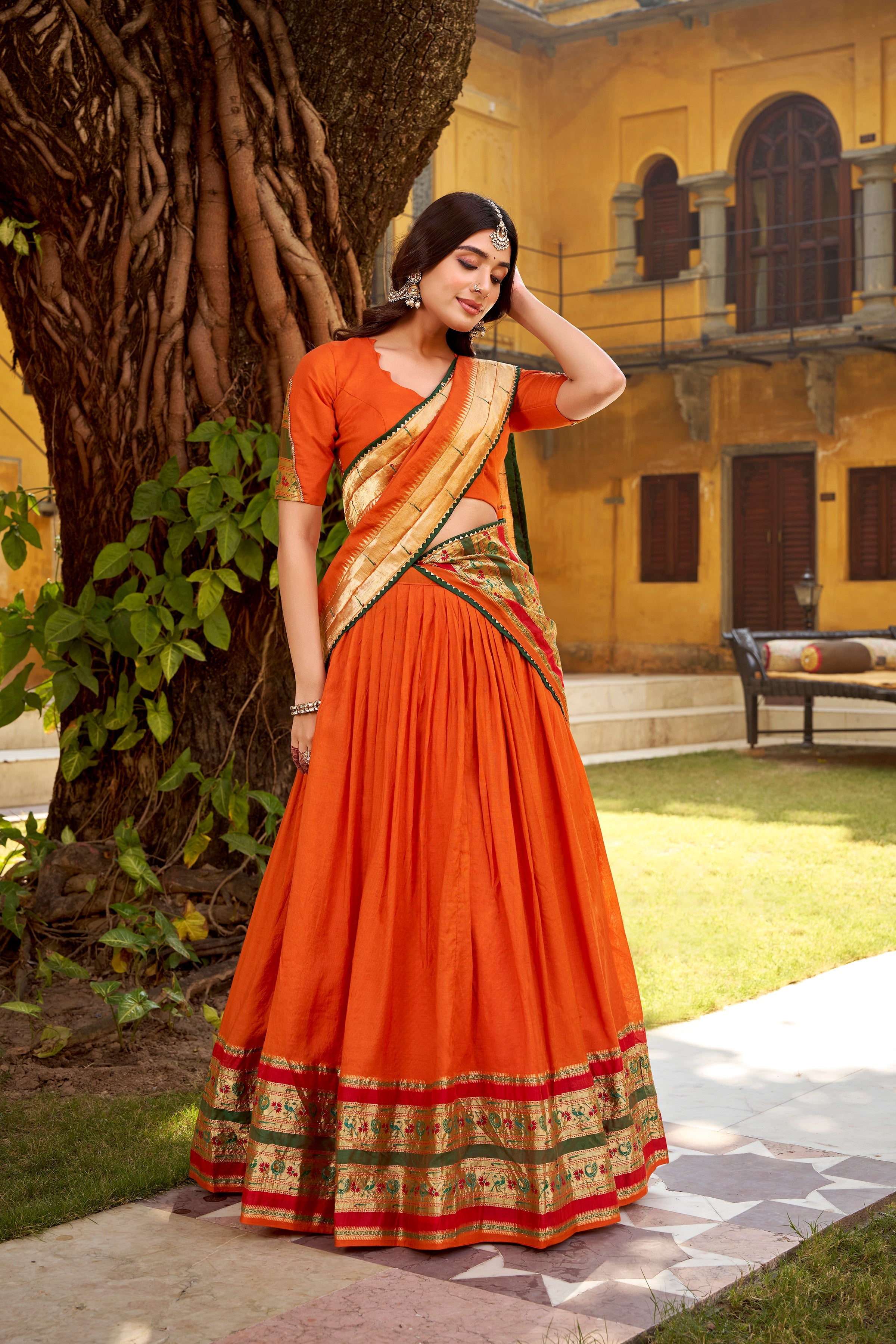 Prerna orange pure Chanderi zari weaving Paithani lehenga choli